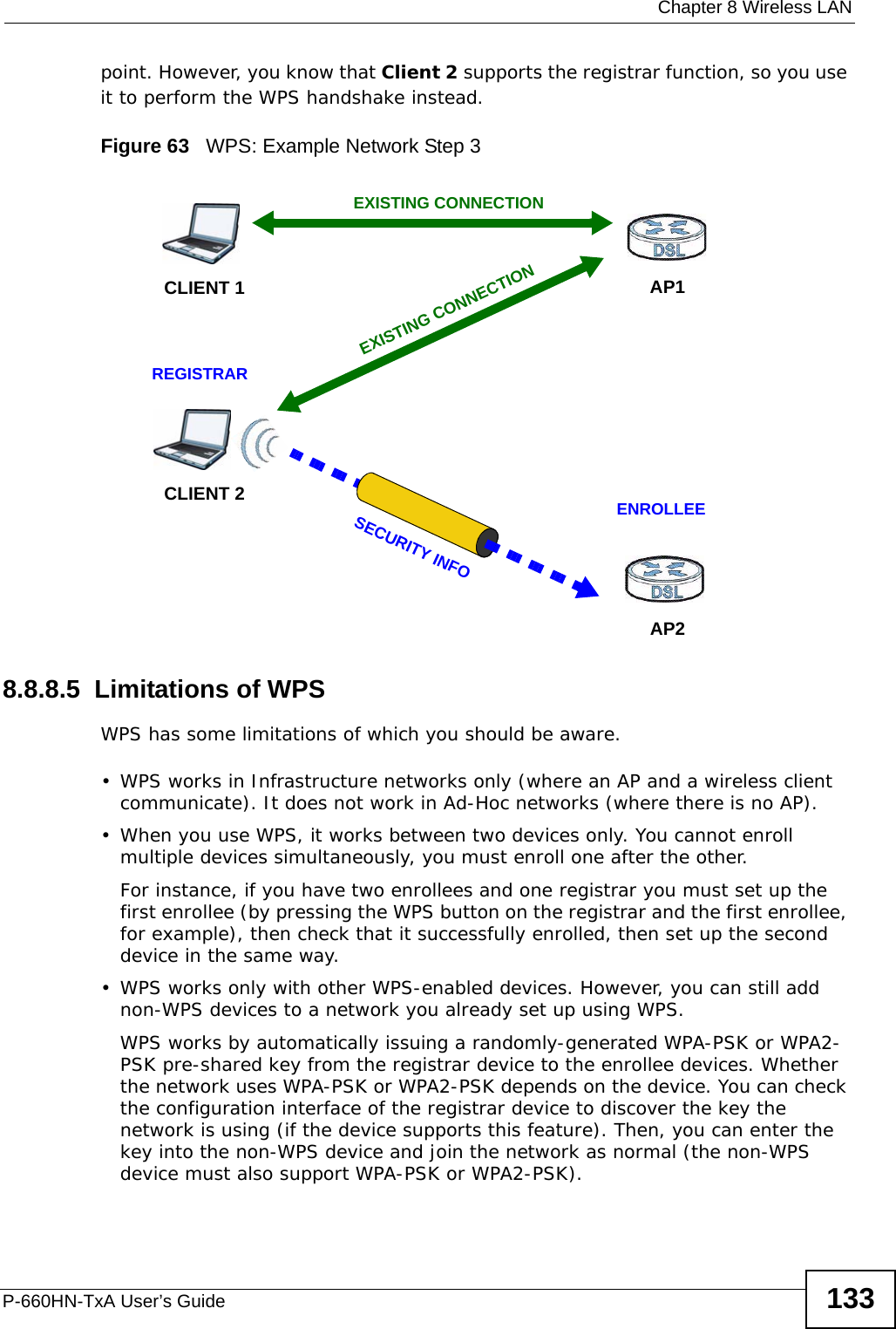  Chapter 8 Wireless LANP-660HN-TxA User’s Guide 133point. However, you know that Client 2 supports the registrar function, so you use it to perform the WPS handshake instead.Figure 63   WPS: Example Network Step 38.8.8.5  Limitations of WPSWPS has some limitations of which you should be aware. • WPS works in Infrastructure networks only (where an AP and a wireless client communicate). It does not work in Ad-Hoc networks (where there is no AP).• When you use WPS, it works between two devices only. You cannot enroll multiple devices simultaneously, you must enroll one after the other. For instance, if you have two enrollees and one registrar you must set up the first enrollee (by pressing the WPS button on the registrar and the first enrollee, for example), then check that it successfully enrolled, then set up the second device in the same way.• WPS works only with other WPS-enabled devices. However, you can still add non-WPS devices to a network you already set up using WPS. WPS works by automatically issuing a randomly-generated WPA-PSK or WPA2-PSK pre-shared key from the registrar device to the enrollee devices. Whether the network uses WPA-PSK or WPA2-PSK depends on the device. You can check the configuration interface of the registrar device to discover the key the network is using (if the device supports this feature). Then, you can enter the key into the non-WPS device and join the network as normal (the non-WPS device must also support WPA-PSK or WPA2-PSK).CLIENT 1 AP1REGISTRARCLIENT 2EXISTING CONNECTIONSECURITY INFOENROLLEEAP2EXISTING CONNECTION