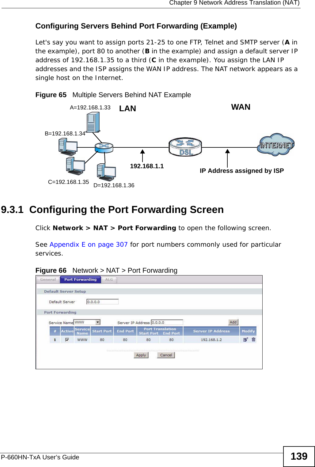  Chapter 9 Network Address Translation (NAT)P-660HN-TxA User’s Guide 139Configuring Servers Behind Port Forwarding (Example)Let&apos;s say you want to assign ports 21-25 to one FTP, Telnet and SMTP server (A in the example), port 80 to another (B in the example) and assign a default server IP address of 192.168.1.35 to a third (C in the example). You assign the LAN IP addresses and the ISP assigns the WAN IP address. The NAT network appears as a single host on the Internet.Figure 65   Multiple Servers Behind NAT Example9.3.1  Configuring the Port Forwarding ScreenClick Network &gt; NAT &gt; Port Forwarding to open the following screen.See Appendix E on page 307 for port numbers commonly used for particular services. Figure 66   Network &gt; NAT &gt; Port ForwardingA=192.168.1.33D=192.168.1.36C=192.168.1.35B=192.168.1.34WANLAN192.168.1.1 IP Address assigned by ISP