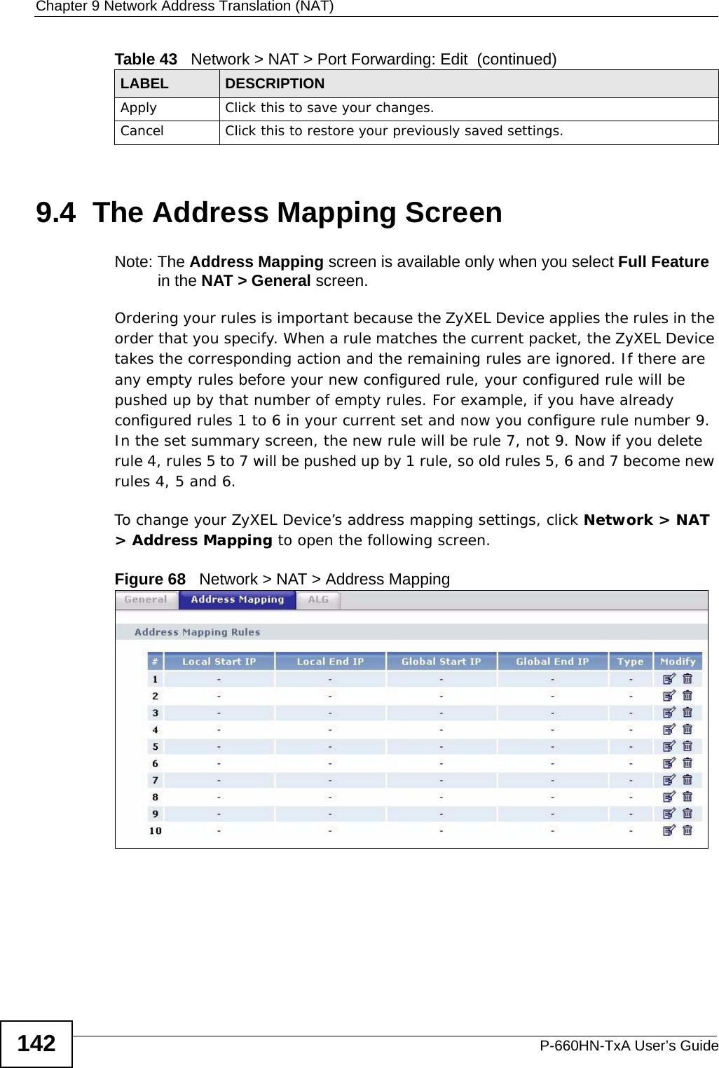 Chapter 9 Network Address Translation (NAT)P-660HN-TxA User’s Guide1429.4  The Address Mapping ScreenNote: The Address Mapping screen is available only when you select Full Feature in the NAT &gt; General screen.Ordering your rules is important because the ZyXEL Device applies the rules in the order that you specify. When a rule matches the current packet, the ZyXEL Device takes the corresponding action and the remaining rules are ignored. If there are any empty rules before your new configured rule, your configured rule will be pushed up by that number of empty rules. For example, if you have already configured rules 1 to 6 in your current set and now you configure rule number 9. In the set summary screen, the new rule will be rule 7, not 9. Now if you delete rule 4, rules 5 to 7 will be pushed up by 1 rule, so old rules 5, 6 and 7 become new rules 4, 5 and 6. To change your ZyXEL Device’s address mapping settings, click Network &gt; NAT &gt; Address Mapping to open the following screen.Figure 68   Network &gt; NAT &gt; Address MappingApply Click this to save your changes.Cancel Click this to restore your previously saved settings.Table 43   Network &gt; NAT &gt; Port Forwarding: Edit  (continued)LABEL DESCRIPTION