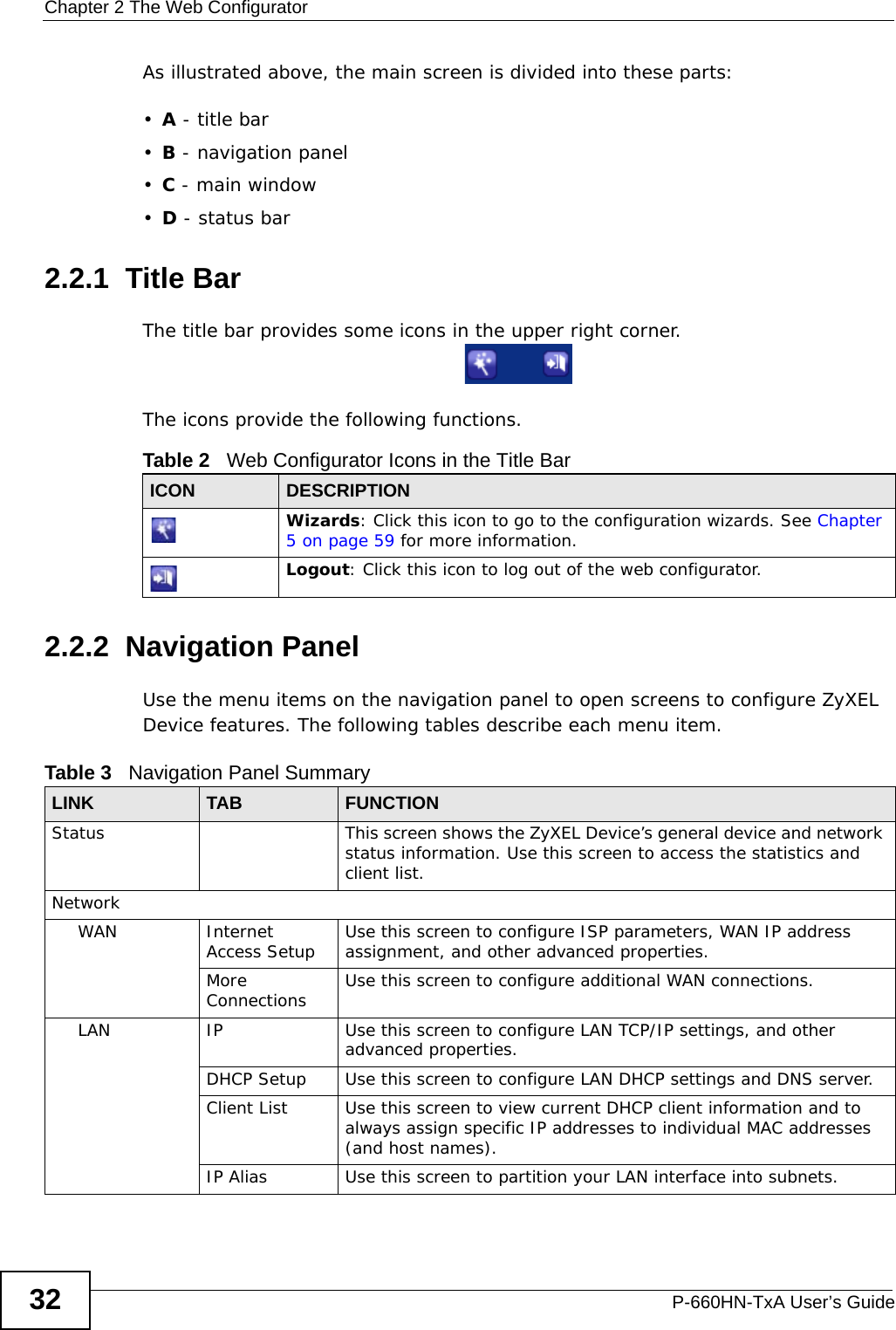 Chapter 2 The Web ConfiguratorP-660HN-TxA User’s Guide32As illustrated above, the main screen is divided into these parts:•A - title bar•B - navigation panel•C - main window•D - status bar2.2.1  Title BarThe title bar provides some icons in the upper right corner.The icons provide the following functions.2.2.2  Navigation PanelUse the menu items on the navigation panel to open screens to configure ZyXEL Device features. The following tables describe each menu item.Table 2   Web Configurator Icons in the Title BarICON  DESCRIPTIONWizards: Click this icon to go to the configuration wizards. See Chapter 5 on page 59 for more information.Logout: Click this icon to log out of the web configurator.Table 3   Navigation Panel SummaryLINK TAB FUNCTIONStatus This screen shows the ZyXEL Device’s general device and network status information. Use this screen to access the statistics and client list.NetworkWAN Internet Access Setup Use this screen to configure ISP parameters, WAN IP address assignment, and other advanced properties.More Connections Use this screen to configure additional WAN connections.LAN IP Use this screen to configure LAN TCP/IP settings, and other advanced properties.DHCP Setup Use this screen to configure LAN DHCP settings and DNS server.Client List Use this screen to view current DHCP client information and to always assign specific IP addresses to individual MAC addresses (and host names).IP Alias Use this screen to partition your LAN interface into subnets.