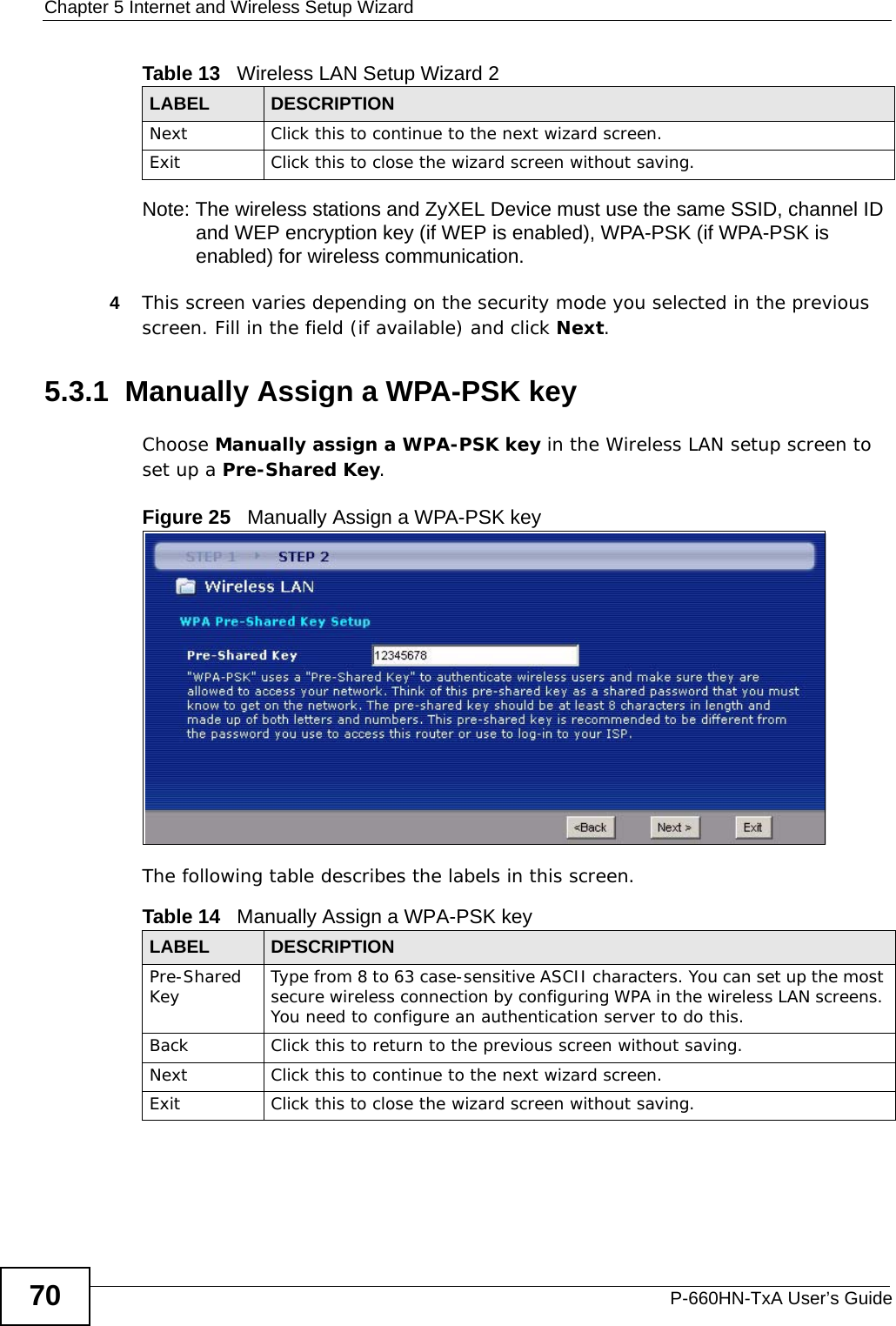 Chapter 5 Internet and Wireless Setup WizardP-660HN-TxA User’s Guide70Note: The wireless stations and ZyXEL Device must use the same SSID, channel ID and WEP encryption key (if WEP is enabled), WPA-PSK (if WPA-PSK is enabled) for wireless communication.4This screen varies depending on the security mode you selected in the previous screen. Fill in the field (if available) and click Next.5.3.1  Manually Assign a WPA-PSK keyChoose Manually assign a WPA-PSK key in the Wireless LAN setup screen to set up a Pre-Shared Key.Figure 25   Manually Assign a WPA-PSK keyThe following table describes the labels in this screen. Next Click this to continue to the next wizard screen.Exit Click this to close the wizard screen without saving.Table 13   Wireless LAN Setup Wizard 2LABEL DESCRIPTIONTable 14   Manually Assign a WPA-PSK keyLABEL DESCRIPTIONPre-Shared Key Type from 8 to 63 case-sensitive ASCII characters. You can set up the most secure wireless connection by configuring WPA in the wireless LAN screens. You need to configure an authentication server to do this.Back Click this to return to the previous screen without saving.Next Click this to continue to the next wizard screen.Exit Click this to close the wizard screen without saving.