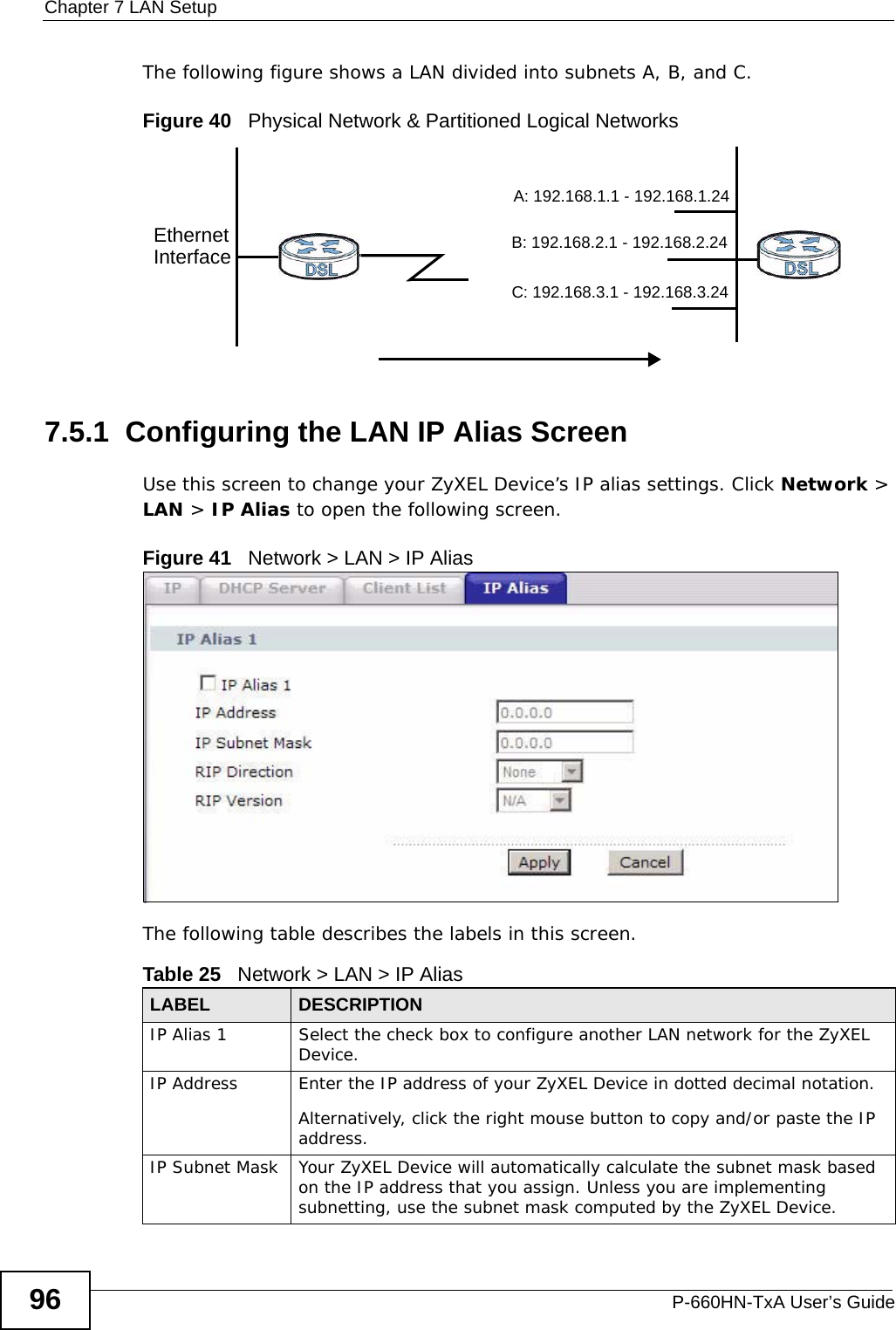 Chapter 7 LAN SetupP-660HN-TxA User’s Guide96The following figure shows a LAN divided into subnets A, B, and C.Figure 40   Physical Network &amp; Partitioned Logical Networks7.5.1  Configuring the LAN IP Alias ScreenUse this screen to change your ZyXEL Device’s IP alias settings. Click Network &gt; LAN &gt; IP Alias to open the following screen.Figure 41   Network &gt; LAN &gt; IP AliasThe following table describes the labels in this screen. EthernetInterfaceA: 192.168.1.1 - 192.168.1.24B: 192.168.2.1 - 192.168.2.24C: 192.168.3.1 - 192.168.3.24Table 25   Network &gt; LAN &gt; IP Alias LABEL DESCRIPTIONIP Alias 1 Select the check box to configure another LAN network for the ZyXEL Device.IP Address Enter the IP address of your ZyXEL Device in dotted decimal notation. Alternatively, click the right mouse button to copy and/or paste the IP address.IP Subnet Mask Your ZyXEL Device will automatically calculate the subnet mask based on the IP address that you assign. Unless you are implementing subnetting, use the subnet mask computed by the ZyXEL Device.