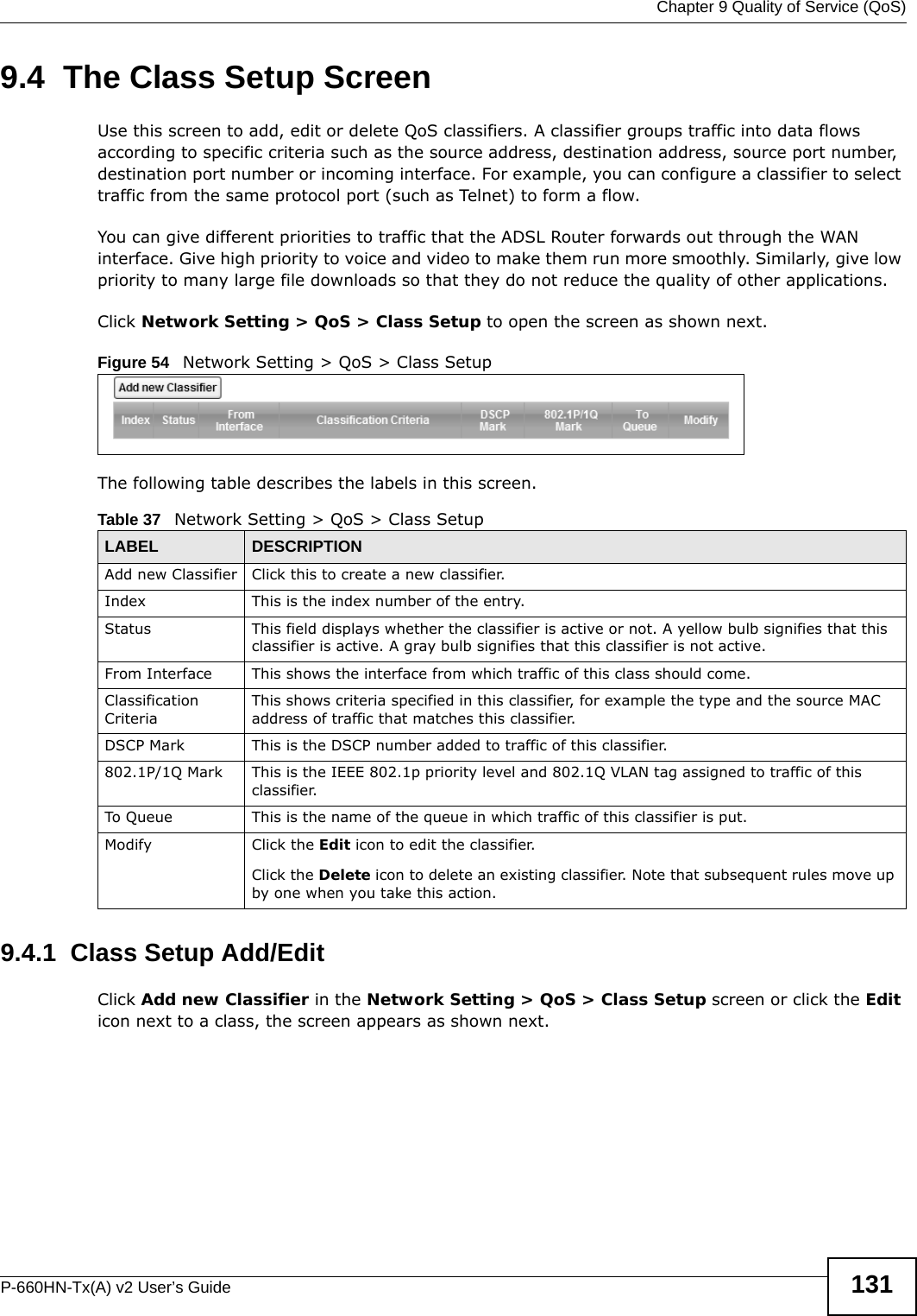  Chapter 9 Quality of Service (QoS)P-660HN-Tx(A) v2 User’s Guide 1319.4  The Class Setup Screen Use this screen to add, edit or delete QoS classifiers. A classifier groups traffic into data flows according to specific criteria such as the source address, destination address, source port number, destination port number or incoming interface. For example, you can configure a classifier to select traffic from the same protocol port (such as Telnet) to form a flow.You can give different priorities to traffic that the ADSL Router forwards out through the WAN interface. Give high priority to voice and video to make them run more smoothly. Similarly, give low priority to many large file downloads so that they do not reduce the quality of other applications. Click Network Setting &gt; QoS &gt; Class Setup to open the screen as shown next.Figure 54   Network Setting &gt; QoS &gt; Class SetupThe following table describes the labels in this screen. 9.4.1  Class Setup Add/EditClick Add new Classifier in the Network Setting &gt; QoS &gt; Class Setup screen or click the Edit icon next to a class, the screen appears as shown next.Table 37   Network Setting &gt; QoS &gt; Class SetupLABEL DESCRIPTIONAdd new Classifier Click this to create a new classifier.Index This is the index number of the entry.Status This field displays whether the classifier is active or not. A yellow bulb signifies that this classifier is active. A gray bulb signifies that this classifier is not active.From Interface This shows the interface from which traffic of this class should come.Classification CriteriaThis shows criteria specified in this classifier, for example the type and the source MAC address of traffic that matches this classifier.DSCP Mark This is the DSCP number added to traffic of this classifier.802.1P/1Q Mark This is the IEEE 802.1p priority level and 802.1Q VLAN tag assigned to traffic of this classifier.To Queue This is the name of the queue in which traffic of this classifier is put.Modify Click the Edit icon to edit the classifier.Click the Delete icon to delete an existing classifier. Note that subsequent rules move up by one when you take this action.
