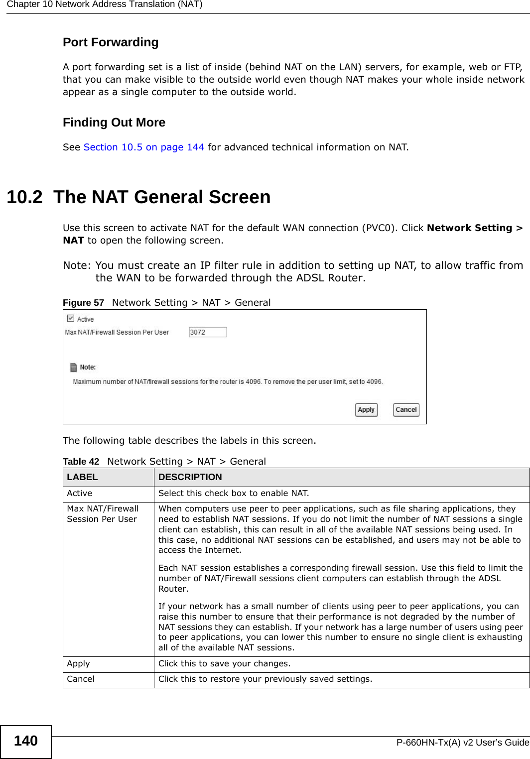 Chapter 10 Network Address Translation (NAT)P-660HN-Tx(A) v2 User’s Guide140Port ForwardingA port forwarding set is a list of inside (behind NAT on the LAN) servers, for example, web or FTP, that you can make visible to the outside world even though NAT makes your whole inside network appear as a single computer to the outside world.Finding Out MoreSee Section 10.5 on page 144 for advanced technical information on NAT.10.2  The NAT General ScreenUse this screen to activate NAT for the default WAN connection (PVC0). Click Network Setting &gt; NAT to open the following screen.Note: You must create an IP filter rule in addition to setting up NAT, to allow traffic from the WAN to be forwarded through the ADSL Router.Figure 57   Network Setting &gt; NAT &gt; GeneralThe following table describes the labels in this screen.Table 42   Network Setting &gt; NAT &gt; GeneralLABEL DESCRIPTIONActive Select this check box to enable NAT.Max NAT/Firewall Session Per UserWhen computers use peer to peer applications, such as file sharing applications, they need to establish NAT sessions. If you do not limit the number of NAT sessions a single client can establish, this can result in all of the available NAT sessions being used. In this case, no additional NAT sessions can be established, and users may not be able to access the Internet.Each NAT session establishes a corresponding firewall session. Use this field to limit the number of NAT/Firewall sessions client computers can establish through the ADSL Router.If your network has a small number of clients using peer to peer applications, you can raise this number to ensure that their performance is not degraded by the number of NAT sessions they can establish. If your network has a large number of users using peer to peer applications, you can lower this number to ensure no single client is exhausting all of the available NAT sessions.Apply Click this to save your changes.Cancel Click this to restore your previously saved settings.