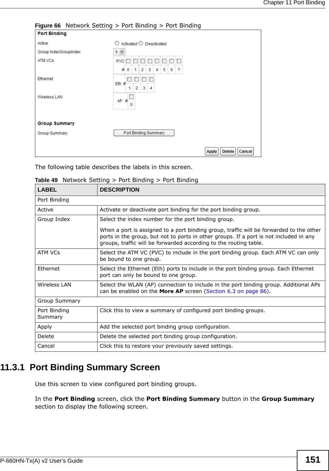  Chapter 11 Port BindingP-660HN-Tx(A) v2 User’s Guide 151Figure 66   Network Setting &gt; Port Binding &gt; Port BindingThe following table describes the labels in this screen. 11.3.1  Port Binding Summary ScreenUse this screen to view configured port binding groups.In the Port Binding screen, click the Port Binding Summary button in the Group Summary section to display the following screen.Table 49   Network Setting &gt; Port Binding &gt; Port BindingLABEL DESCRIPTIONPort BindingActive Activate or deactivate port binding for the port binding group.Group Index Select the index number for the port binding group. When a port is assigned to a port binding group, traffic will be forwarded to the other ports in the group, but not to ports in other groups. If a port is not included in any groups, traffic will be forwarded according to the routing table.ATM VCs Select the ATM VC (PVC) to include in the port binding group. Each ATM VC can only be bound to one group.Ethernet Select the Ethernet (Eth) ports to include in the port binding group. Each Ethernet port can only be bound to one group.Wireless LAN Select the WLAN (AP) connection to include in the port binding group. Additional APs can be enabled on the More AP screen (Section 6.3 on page 86).Group SummaryPort Binding SummaryClick this to view a summary of configured port binding groups.Apply Add the selected port binding group configuration.Delete Delete the selected port binding group configuration. Cancel Click this to restore your previously saved settings.