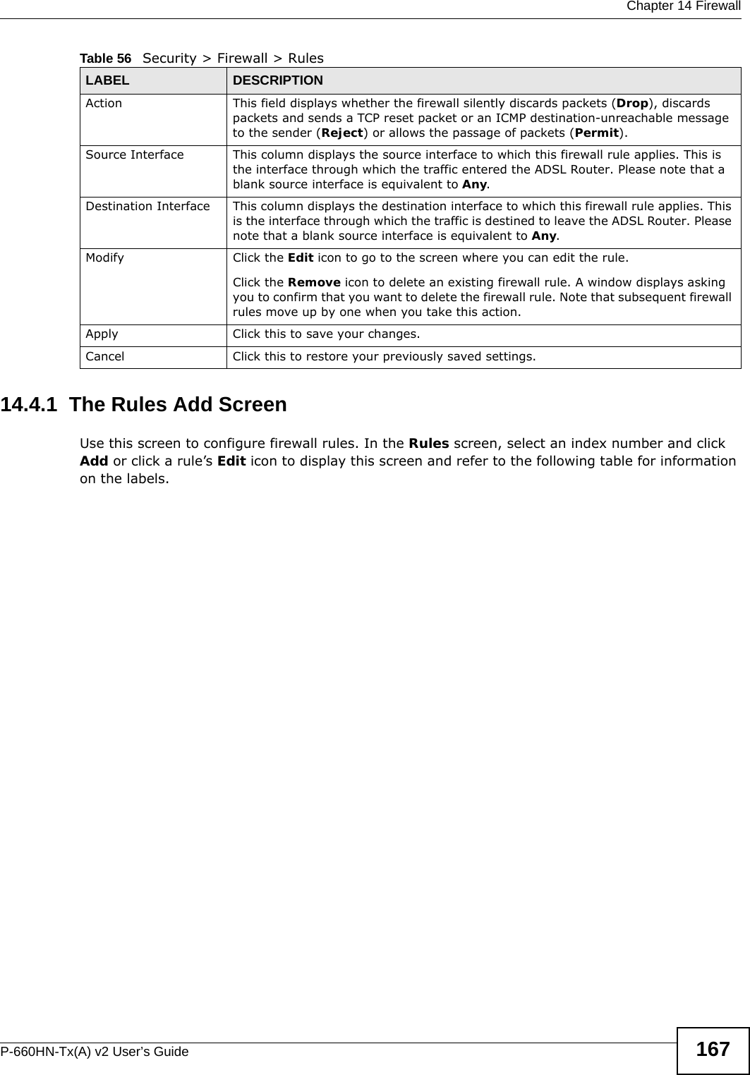  Chapter 14 FirewallP-660HN-Tx(A) v2 User’s Guide 16714.4.1  The Rules Add ScreenUse this screen to configure firewall rules. In the Rules screen, select an index number and click Add or click a rule’s Edit icon to display this screen and refer to the following table for information on the labels.Action This field displays whether the firewall silently discards packets (Drop), discards packets and sends a TCP reset packet or an ICMP destination-unreachable message to the sender (Reject) or allows the passage of packets (Permit).Source Interface This column displays the source interface to which this firewall rule applies. This is the interface through which the traffic entered the ADSL Router. Please note that a blank source interface is equivalent to Any.Destination Interface This column displays the destination interface to which this firewall rule applies. This is the interface through which the traffic is destined to leave the ADSL Router. Please note that a blank source interface is equivalent to Any.Modify Click the Edit icon to go to the screen where you can edit the rule.Click the Remove icon to delete an existing firewall rule. A window displays asking you to confirm that you want to delete the firewall rule. Note that subsequent firewall rules move up by one when you take this action.Apply Click this to save your changes.Cancel Click this to restore your previously saved settings.Table 56   Security &gt; Firewall &gt; RulesLABEL DESCRIPTION
