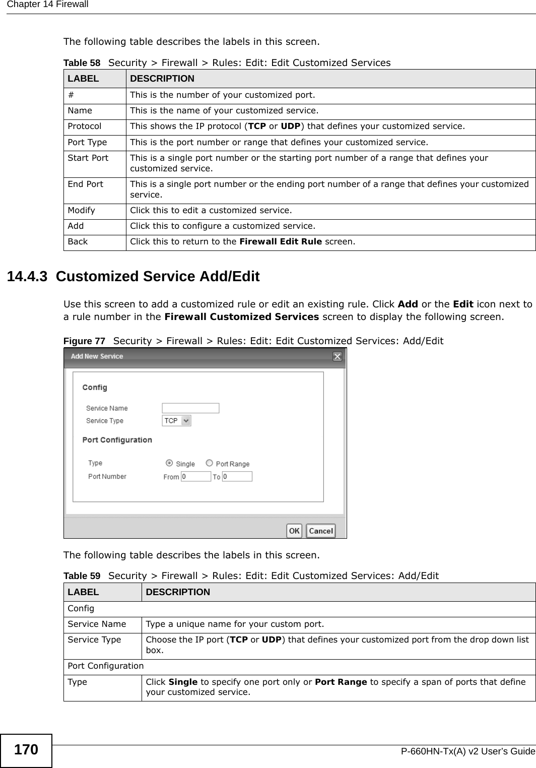 Chapter 14 FirewallP-660HN-Tx(A) v2 User’s Guide170The following table describes the labels in this screen.  14.4.3  Customized Service Add/Edit Use this screen to add a customized rule or edit an existing rule. Click Add or the Edit icon next to a rule number in the Firewall Customized Services screen to display the following screen.Figure 77   Security &gt; Firewall &gt; Rules: Edit: Edit Customized Services: Add/EditThe following table describes the labels in this screen.Table 58   Security &gt; Firewall &gt; Rules: Edit: Edit Customized ServicesLABEL DESCRIPTION#This is the number of your customized port. Name This is the name of your customized service.Protocol This shows the IP protocol (TCP or UDP) that defines your customized service.Port Type This is the port number or range that defines your customized service.Start Port This is a single port number or the starting port number of a range that defines your customized service.End Port This is a single port number or the ending port number of a range that defines your customized service.Modify Click this to edit a customized service.Add Click this to configure a customized service.Back Click this to return to the Firewall Edit Rule screen.Table 59   Security &gt; Firewall &gt; Rules: Edit: Edit Customized Services: Add/EditLABEL DESCRIPTIONConfigService Name Type a unique name for your custom port.Service Type Choose the IP port (TCP or UDP) that defines your customized port from the drop down list box.Port ConfigurationType Click Single to specify one port only or Port Range to specify a span of ports that define your customized service. 