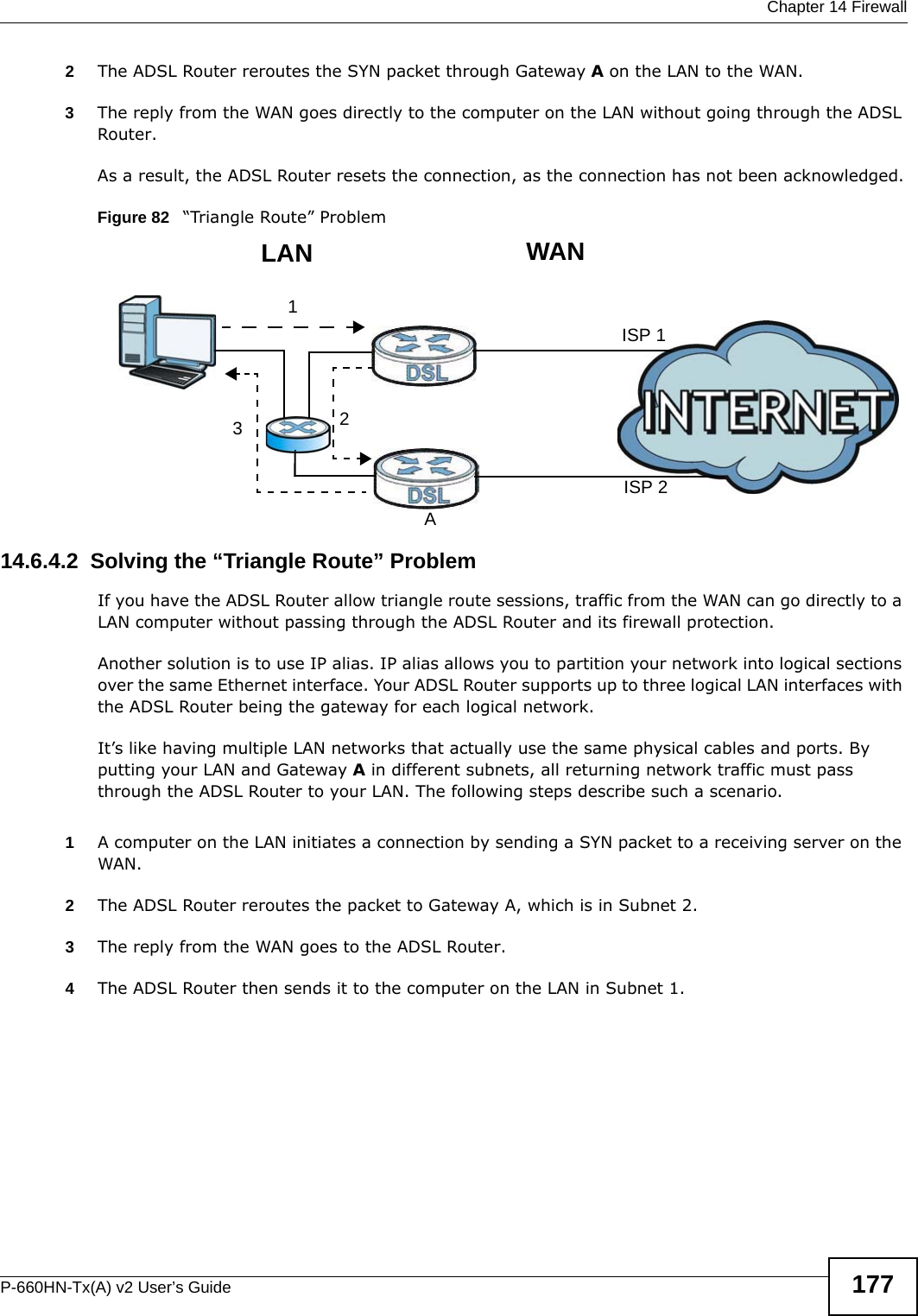  Chapter 14 FirewallP-660HN-Tx(A) v2 User’s Guide 1772The ADSL Router reroutes the SYN packet through Gateway A on the LAN to the WAN. 3The reply from the WAN goes directly to the computer on the LAN without going through the ADSL Router. As a result, the ADSL Router resets the connection, as the connection has not been acknowledged.Figure 82   “Triangle Route” Problem14.6.4.2  Solving the “Triangle Route” ProblemIf you have the ADSL Router allow triangle route sessions, traffic from the WAN can go directly to a LAN computer without passing through the ADSL Router and its firewall protection. Another solution is to use IP alias. IP alias allows you to partition your network into logical sections over the same Ethernet interface. Your ADSL Router supports up to three logical LAN interfaces with the ADSL Router being the gateway for each logical network. It’s like having multiple LAN networks that actually use the same physical cables and ports. By putting your LAN and Gateway A in different subnets, all returning network traffic must pass through the ADSL Router to your LAN. The following steps describe such a scenario.1A computer on the LAN initiates a connection by sending a SYN packet to a receiving server on the WAN. 2The ADSL Router reroutes the packet to Gateway A, which is in Subnet 2. 3The reply from the WAN goes to the ADSL Router. 4The ADSL Router then sends it to the computer on the LAN in Subnet 1.123WANLANAISP 1ISP 2