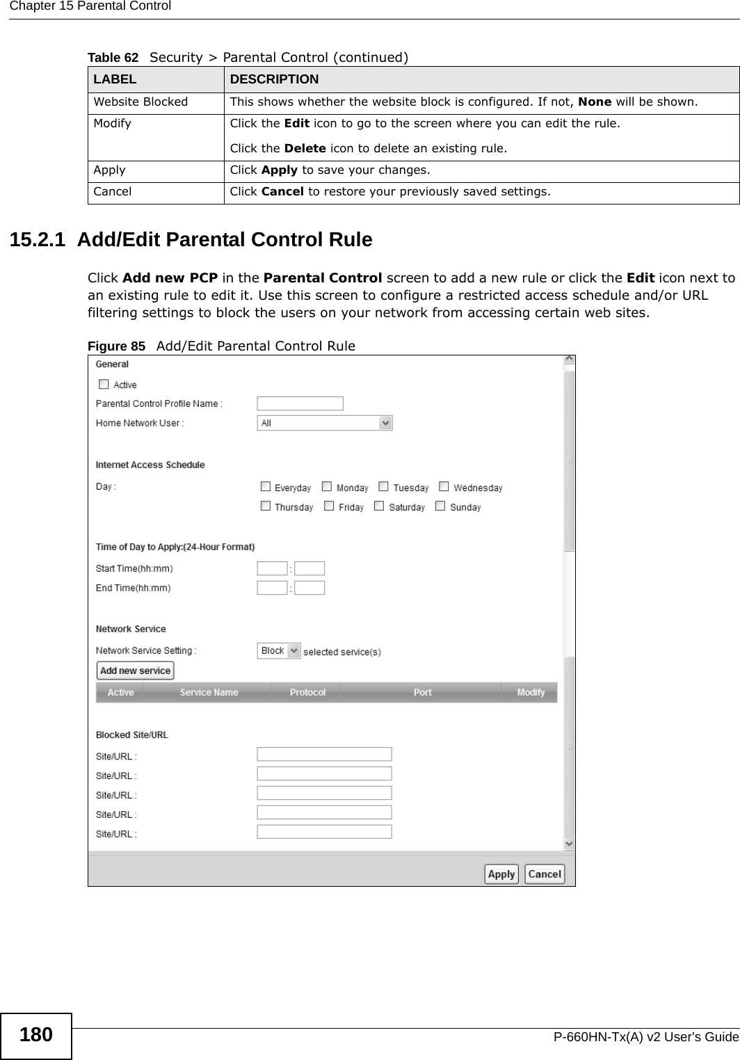 Chapter 15 Parental ControlP-660HN-Tx(A) v2 User’s Guide18015.2.1  Add/Edit Parental Control RuleClick Add new PCP in the Parental Control screen to add a new rule or click the Edit icon next to an existing rule to edit it. Use this screen to configure a restricted access schedule and/or URL filtering settings to block the users on your network from accessing certain web sites.Figure 85   Add/Edit Parental Control Rule Website Blocked This shows whether the website block is configured. If not, None will be shown.Modify Click the Edit icon to go to the screen where you can edit the rule.Click the Delete icon to delete an existing rule.Apply Click Apply to save your changes.Cancel Click Cancel to restore your previously saved settings.Table 62   Security &gt; Parental Control (continued)LABEL DESCRIPTION