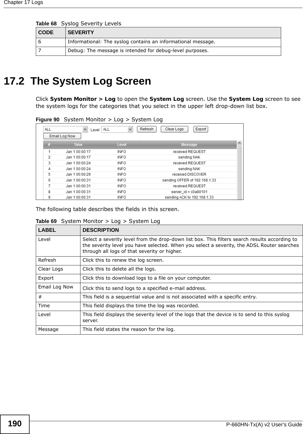 Chapter 17 LogsP-660HN-Tx(A) v2 User’s Guide19017.2  The System Log Screen Click System Monitor &gt; Log to open the System Log screen. Use the System Log screen to see the system logs for the categories that you select in the upper left drop-down list box. Figure 90   System Monitor &gt; Log &gt; System LogThe following table describes the fields in this screen.  6 Informational: The syslog contains an informational message.7 Debug: The message is intended for debug-level purposes.Table 68   Syslog Severity LevelsCODE SEVERITYTable 69   System Monitor &gt; Log &gt; System LogLABEL DESCRIPTIONLevel  Select a severity level from the drop-down list box. This filters search results according to the severity level you have selected. When you select a severity, the ADSL Router searches through all logs of that severity or higher. Refresh Click this to renew the log screen. Clear Logs Click this to delete all the logs. Export Click this to download logs to a file on your computer.Email Log Now Click this to send logs to a specified e-mail address.#This field is a sequential value and is not associated with a specific entry.Time  This field displays the time the log was recorded. Level This field displays the severity level of the logs that the device is to send to this syslog server.Message This field states the reason for the log.