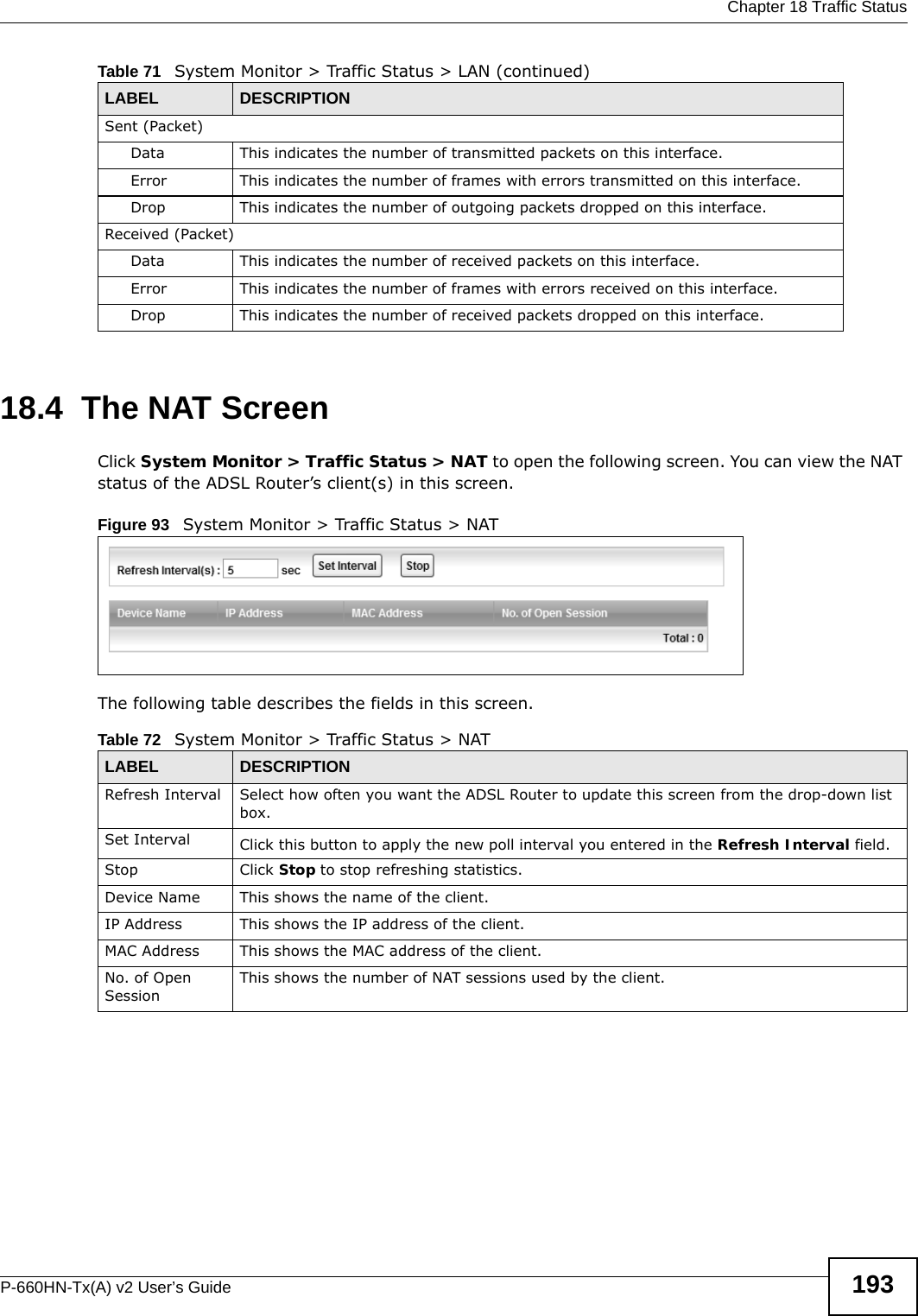  Chapter 18 Traffic StatusP-660HN-Tx(A) v2 User’s Guide 19318.4  The NAT ScreenClick System Monitor &gt; Traffic Status &gt; NAT to open the following screen. You can view the NAT status of the ADSL Router’s client(s) in this screen.Figure 93   System Monitor &gt; Traffic Status &gt; NATThe following table describes the fields in this screen.  Sent (Packet)  Data  This indicates the number of transmitted packets on this interface.Error This indicates the number of frames with errors transmitted on this interface.Drop This indicates the number of outgoing packets dropped on this interface.Received (Packet) Data  This indicates the number of received packets on this interface.Error This indicates the number of frames with errors received on this interface.Drop This indicates the number of received packets dropped on this interface.Table 71   System Monitor &gt; Traffic Status &gt; LAN (continued)LABEL DESCRIPTIONTable 72   System Monitor &gt; Traffic Status &gt; NATLABEL DESCRIPTIONRefresh Interval Select how often you want the ADSL Router to update this screen from the drop-down list box.Set Interval Click this button to apply the new poll interval you entered in the Refresh Interval field.Stop Click Stop to stop refreshing statistics.Device Name This shows the name of the client.IP Address This shows the IP address of the client.MAC Address This shows the MAC address of the client.No. of Open SessionThis shows the number of NAT sessions used by the client.