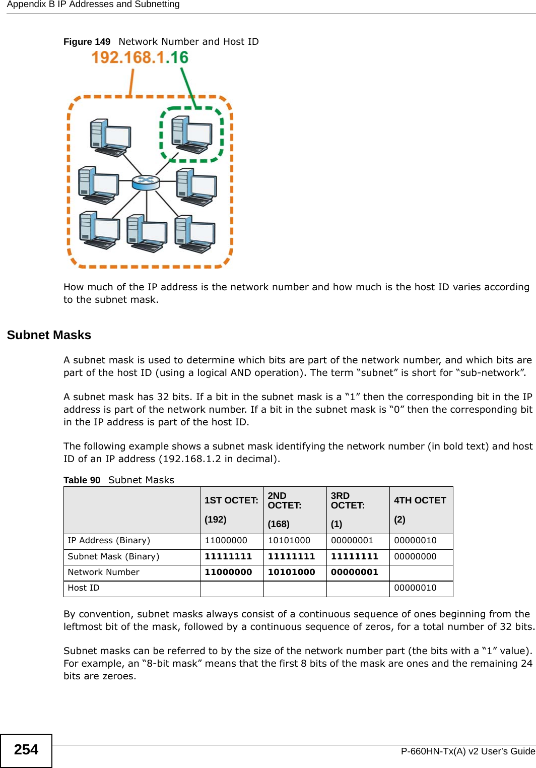 Appendix B IP Addresses and SubnettingP-660HN-Tx(A) v2 User’s Guide254Figure 149   Network Number and Host IDHow much of the IP address is the network number and how much is the host ID varies according to the subnet mask.  Subnet MasksA subnet mask is used to determine which bits are part of the network number, and which bits are part of the host ID (using a logical AND operation). The term “subnet” is short for “sub-network”.A subnet mask has 32 bits. If a bit in the subnet mask is a “1” then the corresponding bit in the IP address is part of the network number. If a bit in the subnet mask is “0” then the corresponding bit in the IP address is part of the host ID. The following example shows a subnet mask identifying the network number (in bold text) and host ID of an IP address (192.168.1.2 in decimal).By convention, subnet masks always consist of a continuous sequence of ones beginning from the leftmost bit of the mask, followed by a continuous sequence of zeros, for a total number of 32 bits.Subnet masks can be referred to by the size of the network number part (the bits with a “1” value). For example, an “8-bit mask” means that the first 8 bits of the mask are ones and the remaining 24 bits are zeroes.Table 90   Subnet Masks1ST OCTET:(192)2ND OCTET:(168)3RD OCTET:(1)4TH OCTET(2)IP Address (Binary) 11000000 10101000 00000001 00000010Subnet Mask (Binary) 11111111 11111111 11111111 00000000Network Number 11000000 10101000 00000001Host ID 00000010