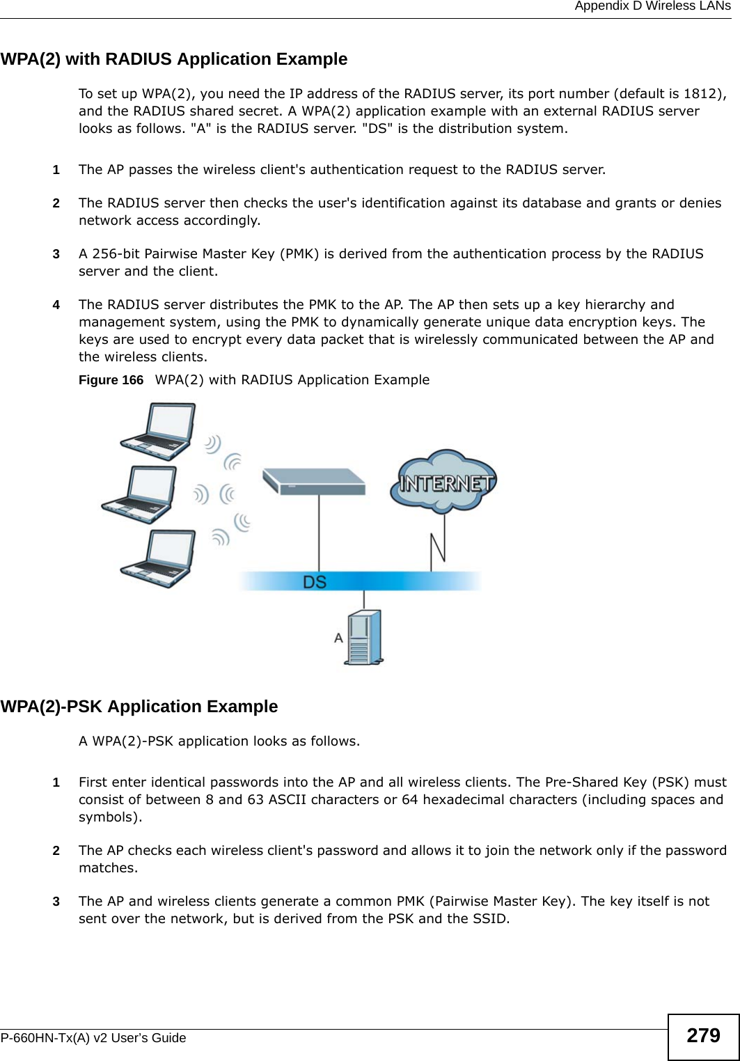  Appendix D Wireless LANsP-660HN-Tx(A) v2 User’s Guide 279WPA(2) with RADIUS Application ExampleTo set up WPA(2), you need the IP address of the RADIUS server, its port number (default is 1812), and the RADIUS shared secret. A WPA(2) application example with an external RADIUS server looks as follows. &quot;A&quot; is the RADIUS server. &quot;DS&quot; is the distribution system.1The AP passes the wireless client&apos;s authentication request to the RADIUS server.2The RADIUS server then checks the user&apos;s identification against its database and grants or denies network access accordingly.3A 256-bit Pairwise Master Key (PMK) is derived from the authentication process by the RADIUS server and the client.4The RADIUS server distributes the PMK to the AP. The AP then sets up a key hierarchy and management system, using the PMK to dynamically generate unique data encryption keys. The keys are used to encrypt every data packet that is wirelessly communicated between the AP and the wireless clients.Figure 166   WPA(2) with RADIUS Application ExampleWPA(2)-PSK Application ExampleA WPA(2)-PSK application looks as follows.1First enter identical passwords into the AP and all wireless clients. The Pre-Shared Key (PSK) must consist of between 8 and 63 ASCII characters or 64 hexadecimal characters (including spaces and symbols).2The AP checks each wireless client&apos;s password and allows it to join the network only if the password matches.3The AP and wireless clients generate a common PMK (Pairwise Master Key). The key itself is not sent over the network, but is derived from the PSK and the SSID. 