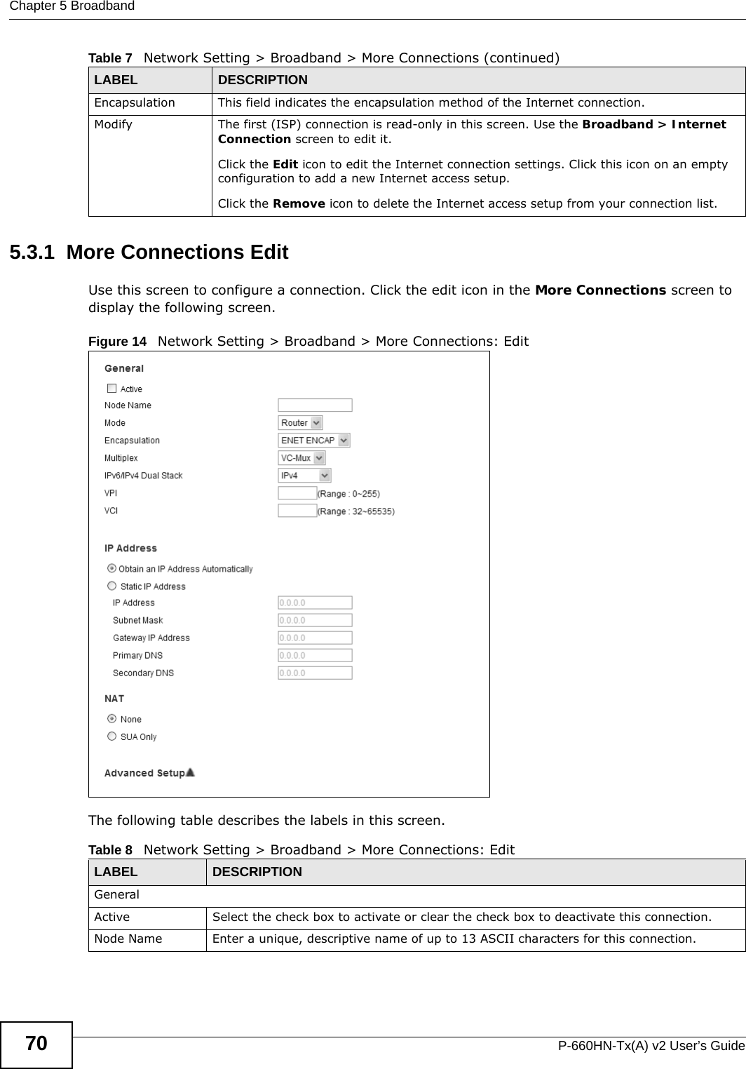Chapter 5 BroadbandP-660HN-Tx(A) v2 User’s Guide705.3.1  More Connections EditUse this screen to configure a connection. Click the edit icon in the More Connections screen to display the following screen.Figure 14   Network Setting &gt; Broadband &gt; More Connections: EditThe following table describes the labels in this screen.      Encapsulation This field indicates the encapsulation method of the Internet connection.Modify The first (ISP) connection is read-only in this screen. Use the Broadband &gt; Internet Connection screen to edit it.Click the Edit icon to edit the Internet connection settings. Click this icon on an empty configuration to add a new Internet access setup.Click the Remove icon to delete the Internet access setup from your connection list.Table 7   Network Setting &gt; Broadband &gt; More Connections (continued)LABEL DESCRIPTIONTable 8   Network Setting &gt; Broadband &gt; More Connections: EditLABEL DESCRIPTIONGeneralActive Select the check box to activate or clear the check box to deactivate this connection.Node Name Enter a unique, descriptive name of up to 13 ASCII characters for this connection.
