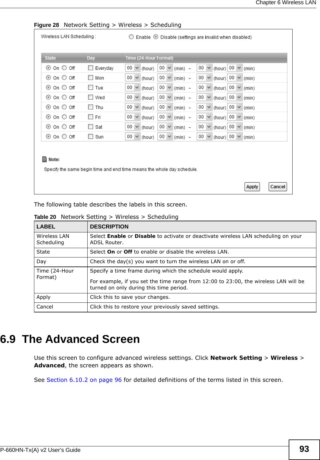  Chapter 6 Wireless LANP-660HN-Tx(A) v2 User’s Guide 93Figure 28   Network Setting &gt; Wireless &gt; SchedulingThe following table describes the labels in this screen.6.9  The Advanced ScreenUse this screen to configure advanced wireless settings. Click Network Setting &gt; Wireless &gt; Advanced, the screen appears as shown.See Section 6.10.2 on page 96 for detailed definitions of the terms listed in this screen.Table 20   Network Setting &gt; Wireless &gt; SchedulingLABEL DESCRIPTIONWireless LAN SchedulingSelect Enable or Disable to activate or deactivate wireless LAN scheduling on your ADSL Router.State Select On or Off to enable or disable the wireless LAN.Day Check the day(s) you want to turn the wireless LAN on or off.Time (24-Hour Format)Specify a time frame during which the schedule would apply.For example, if you set the time range from 12:00 to 23:00, the wireless LAN will be turned on only during this time period.Apply Click this to save your changes.Cancel Click this to restore your previously saved settings.
