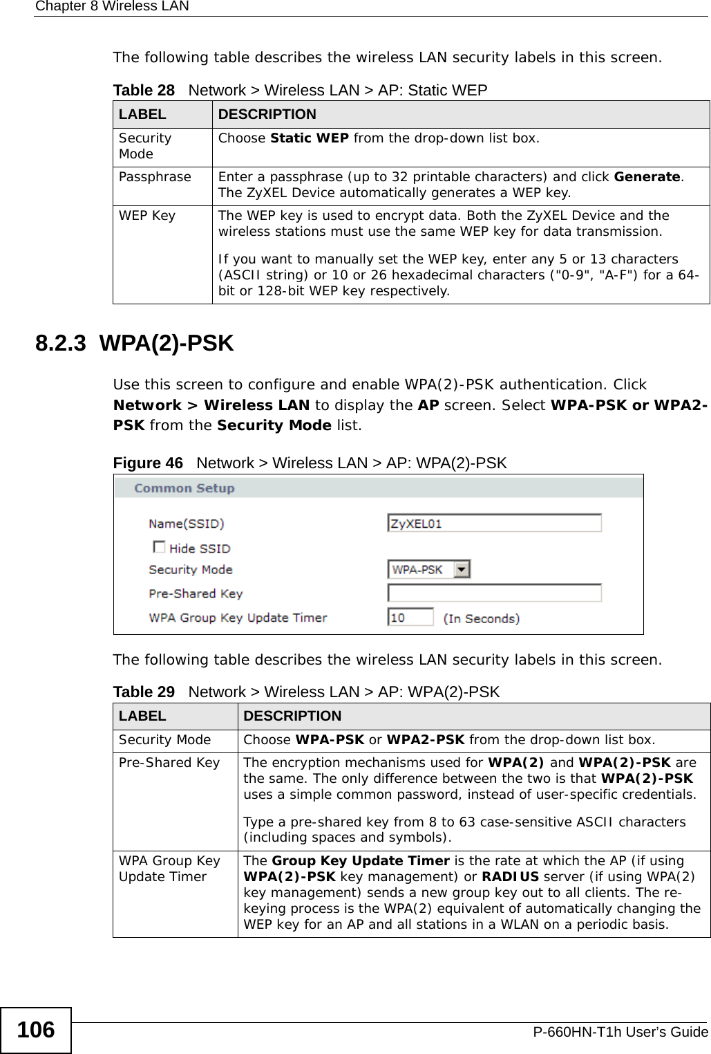 Chapter 8 Wireless LANP-660HN-T1h User’s Guide106The following table describes the wireless LAN security labels in this screen.8.2.3  WPA(2)-PSKUse this screen to configure and enable WPA(2)-PSK authentication. Click Network &gt; Wireless LAN to display the AP screen. Select WPA-PSK or WPA2-PSK from the Security Mode list.Figure 46   Network &gt; Wireless LAN &gt; AP: WPA(2)-PSKThe following table describes the wireless LAN security labels in this screen.Table 28   Network &gt; Wireless LAN &gt; AP: Static WEPLABEL DESCRIPTIONSecurity Mode Choose Static WEP from the drop-down list box.Passphrase Enter a passphrase (up to 32 printable characters) and click Generate. The ZyXEL Device automatically generates a WEP key.WEP Key The WEP key is used to encrypt data. Both the ZyXEL Device and the wireless stations must use the same WEP key for data transmission.If you want to manually set the WEP key, enter any 5 or 13 characters (ASCII string) or 10 or 26 hexadecimal characters (&quot;0-9&quot;, &quot;A-F&quot;) for a 64-bit or 128-bit WEP key respectively.Table 29   Network &gt; Wireless LAN &gt; AP: WPA(2)-PSKLABEL DESCRIPTIONSecurity Mode Choose WPA-PSK or WPA2-PSK from the drop-down list box.Pre-Shared Key  The encryption mechanisms used for WPA(2) and WPA(2)-PSK are the same. The only difference between the two is that WPA(2)-PSK uses a simple common password, instead of user-specific credentials.Type a pre-shared key from 8 to 63 case-sensitive ASCII characters (including spaces and symbols).WPA Group Key Update Timer The Group Key Update Timer is the rate at which the AP (if using WPA(2)-PSK key management) or RADIUS server (if using WPA(2) key management) sends a new group key out to all clients. The re-keying process is the WPA(2) equivalent of automatically changing the WEP key for an AP and all stations in a WLAN on a periodic basis.