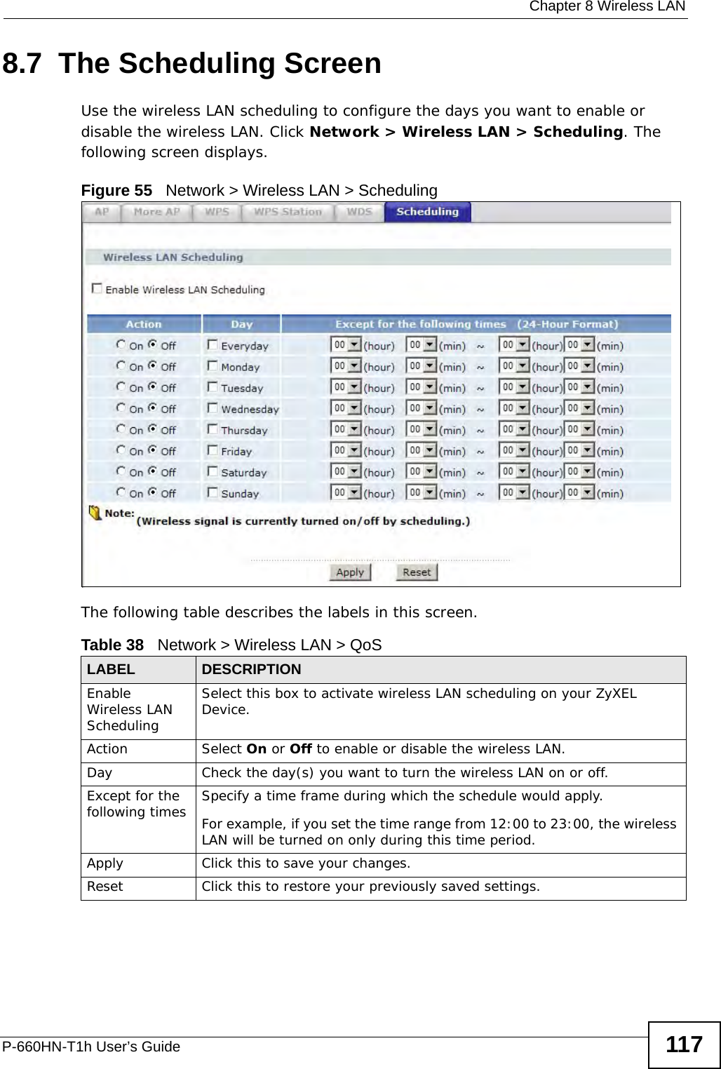 Chapter 8 Wireless LANP-660HN-T1h User’s Guide 1178.7  The Scheduling ScreenUse the wireless LAN scheduling to configure the days you want to enable or disable the wireless LAN. Click Network &gt; Wireless LAN &gt; Scheduling. The following screen displays.Figure 55   Network &gt; Wireless LAN &gt; SchedulingThe following table describes the labels in this screen.Table 38   Network &gt; Wireless LAN &gt; QoSLABEL DESCRIPTIONEnable Wireless LAN SchedulingSelect this box to activate wireless LAN scheduling on your ZyXEL Device.Action Select On or Off to enable or disable the wireless LAN.Day Check the day(s) you want to turn the wireless LAN on or off.Except for the following times Specify a time frame during which the schedule would apply.For example, if you set the time range from 12:00 to 23:00, the wireless LAN will be turned on only during this time period.Apply Click this to save your changes.Reset Click this to restore your previously saved settings.