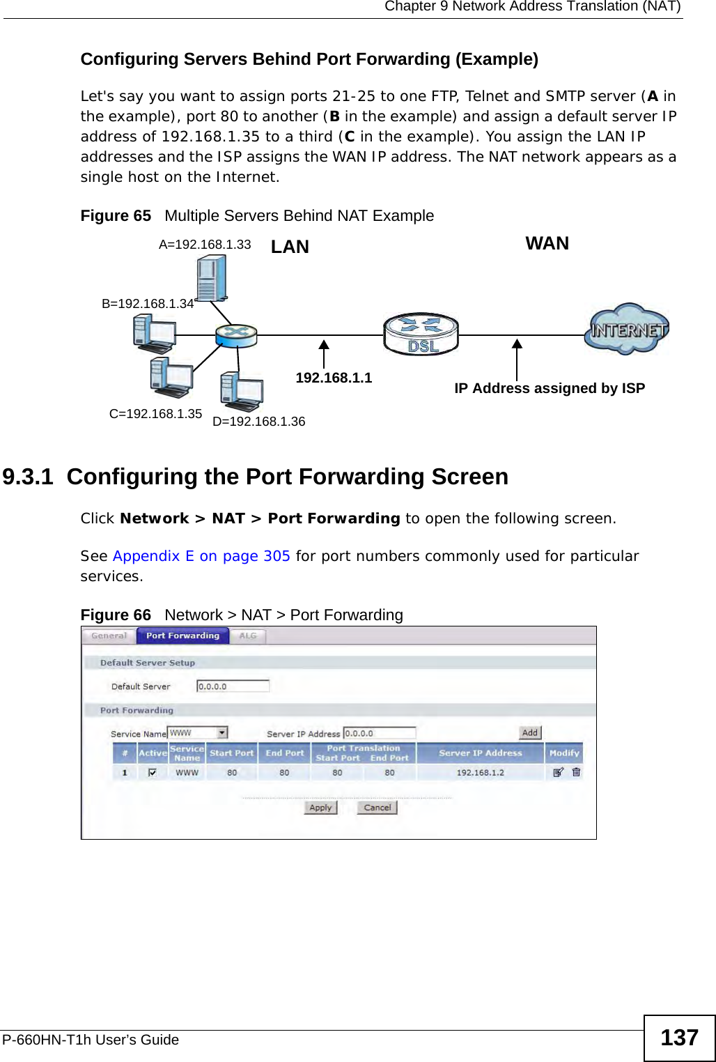  Chapter 9 Network Address Translation (NAT)P-660HN-T1h User’s Guide 137Configuring Servers Behind Port Forwarding (Example)Let&apos;s say you want to assign ports 21-25 to one FTP, Telnet and SMTP server (A in the example), port 80 to another (B in the example) and assign a default server IP address of 192.168.1.35 to a third (C in the example). You assign the LAN IP addresses and the ISP assigns the WAN IP address. The NAT network appears as a single host on the Internet.Figure 65   Multiple Servers Behind NAT Example9.3.1  Configuring the Port Forwarding ScreenClick Network &gt; NAT &gt; Port Forwarding to open the following screen.See Appendix E on page 305 for port numbers commonly used for particular services. Figure 66   Network &gt; NAT &gt; Port ForwardingA=192.168.1.33D=192.168.1.36C=192.168.1.35B=192.168.1.34WANLAN192.168.1.1 IP Address assigned by ISP