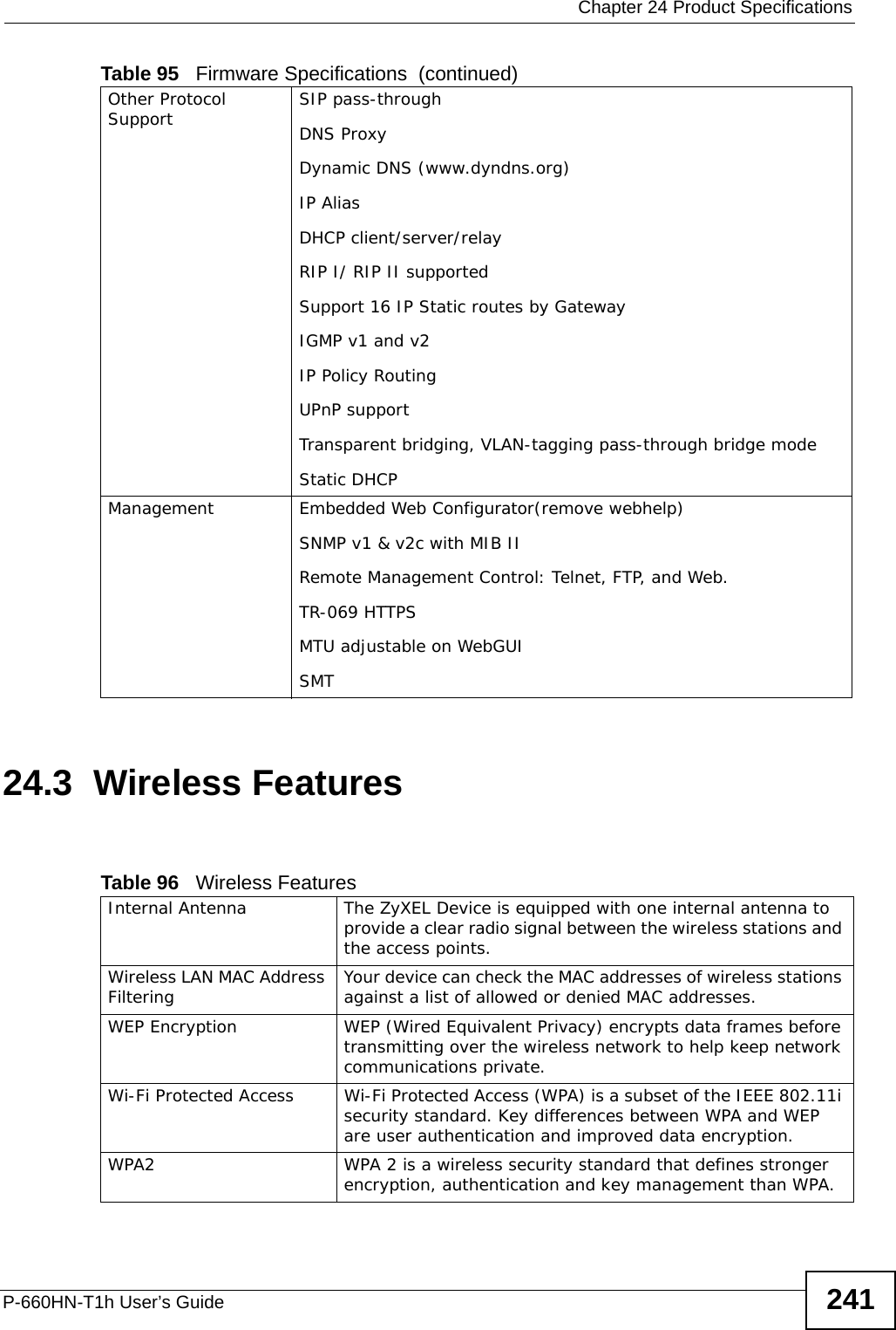  Chapter 24 Product SpecificationsP-660HN-T1h User’s Guide 24124.3  Wireless Features Other Protocol Support SIP pass-throughDNS ProxyDynamic DNS (www.dyndns.org)IP AliasDHCP client/server/relayRIP I/ RIP II supportedSupport 16 IP Static routes by GatewayIGMP v1 and v2 IP Policy RoutingUPnP support Transparent bridging, VLAN-tagging pass-through bridge modeStatic DHCPManagement Embedded Web Configurator(remove webhelp)SNMP v1 &amp; v2c with MIB IIRemote Management Control: Telnet, FTP, and Web.TR-069 HTTPSMTU adjustable on WebGUISMTTable 95   Firmware Specifications  (continued)Table 96   Wireless FeaturesInternal Antenna  The ZyXEL Device is equipped with one internal antenna to provide a clear radio signal between the wireless stations and the access points.Wireless LAN MAC Address Filtering  Your device can check the MAC addresses of wireless stations against a list of allowed or denied MAC addresses.WEP Encryption WEP (Wired Equivalent Privacy) encrypts data frames before transmitting over the wireless network to help keep network communications private.Wi-Fi Protected Access  Wi-Fi Protected Access (WPA) is a subset of the IEEE 802.11i security standard. Key differences between WPA and WEP are user authentication and improved data encryption.WPA2  WPA 2 is a wireless security standard that defines stronger encryption, authentication and key management than WPA.