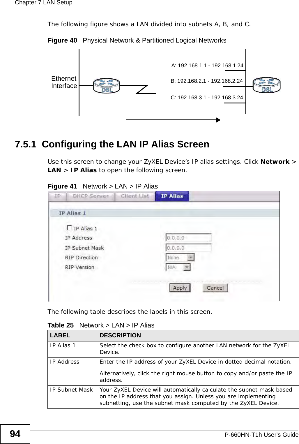 Chapter 7 LAN SetupP-660HN-T1h User’s Guide94The following figure shows a LAN divided into subnets A, B, and C.Figure 40   Physical Network &amp; Partitioned Logical Networks7.5.1  Configuring the LAN IP Alias ScreenUse this screen to change your ZyXEL Device’s IP alias settings. Click Network &gt; LAN &gt; IP Alias to open the following screen.Figure 41   Network &gt; LAN &gt; IP AliasThe following table describes the labels in this screen. EthernetInterfaceA: 192.168.1.1 - 192.168.1.24B: 192.168.2.1 - 192.168.2.24C: 192.168.3.1 - 192.168.3.24Table 25   Network &gt; LAN &gt; IP Alias LABEL DESCRIPTIONIP Alias 1 Select the check box to configure another LAN network for the ZyXEL Device.IP Address Enter the IP address of your ZyXEL Device in dotted decimal notation. Alternatively, click the right mouse button to copy and/or paste the IP address.IP Subnet Mask Your ZyXEL Device will automatically calculate the subnet mask based on the IP address that you assign. Unless you are implementing subnetting, use the subnet mask computed by the ZyXEL Device.