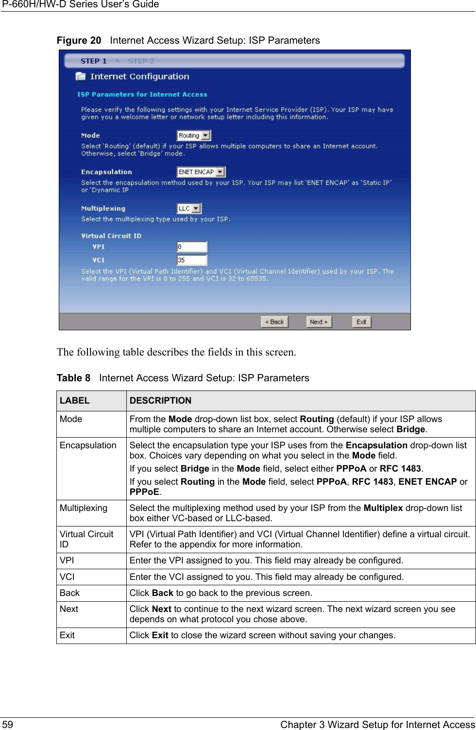 P-660H/HW-D Series User’s Guide59 Chapter 3 Wizard Setup for Internet AccessFigure 20   Internet Access Wizard Setup: ISP ParametersThe following table describes the fields in this screen.Table 8   Internet Access Wizard Setup: ISP ParametersLABEL DESCRIPTIONMode From the Mode drop-down list box, select Routing (default) if your ISP allows multiple computers to share an Internet account. Otherwise select Bridge. Encapsulation Select the encapsulation type your ISP uses from the Encapsulation drop-down list box. Choices vary depending on what you select in the Mode field.  If you select Bridge in the Mode field, select either PPPoA or RFC 1483. If you select Routing in the Mode field, select PPPoA, RFC 1483, ENET ENCAP or PPPoE.Multiplexing Select the multiplexing method used by your ISP from the Multiplex drop-down list box either VC-based or LLC-based. Virtual Circuit IDVPI (Virtual Path Identifier) and VCI (Virtual Channel Identifier) define a virtual circuit. Refer to the appendix for more information.VPI Enter the VPI assigned to you. This field may already be configured.VCI Enter the VCI assigned to you. This field may already be configured.Back Click Back to go back to the previous screen.Next Click Next to continue to the next wizard screen. The next wizard screen you see depends on what protocol you chose above. Exit Click Exit to close the wizard screen without saving your changes.