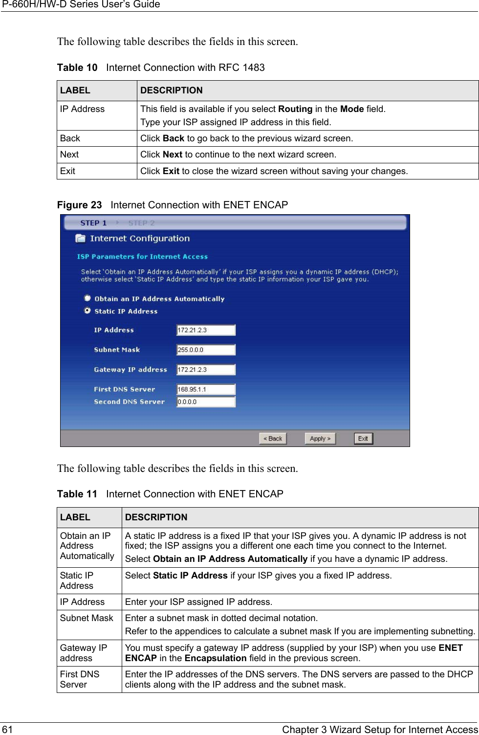 P-660H/HW-D Series User’s Guide61 Chapter 3 Wizard Setup for Internet AccessThe following table describes the fields in this screen.Figure 23   Internet Connection with ENET ENCAPThe following table describes the fields in this screen.Table 10   Internet Connection with RFC 1483LABEL DESCRIPTIONIP Address This field is available if you select Routing in the Mode field.Type your ISP assigned IP address in this field. Back Click Back to go back to the previous wizard screen.Next Click Next to continue to the next wizard screen.Exit Click Exit to close the wizard screen without saving your changes.Table 11   Internet Connection with ENET ENCAPLABEL DESCRIPTIONObtain an IP Address AutomaticallyA static IP address is a fixed IP that your ISP gives you. A dynamic IP address is not fixed; the ISP assigns you a different one each time you connect to the Internet.Select Obtain an IP Address Automatically if you have a dynamic IP address.Static IP AddressSelect Static IP Address if your ISP gives you a fixed IP address.IP Address Enter your ISP assigned IP address.Subnet Mask Enter a subnet mask in dotted decimal notation. Refer to the appendices to calculate a subnet mask If you are implementing subnetting.Gateway IP addressYou must specify a gateway IP address (supplied by your ISP) when you use ENET ENCAP in the Encapsulation field in the previous screen.First DNS ServerEnter the IP addresses of the DNS servers. The DNS servers are passed to the DHCP clients along with the IP address and the subnet mask.