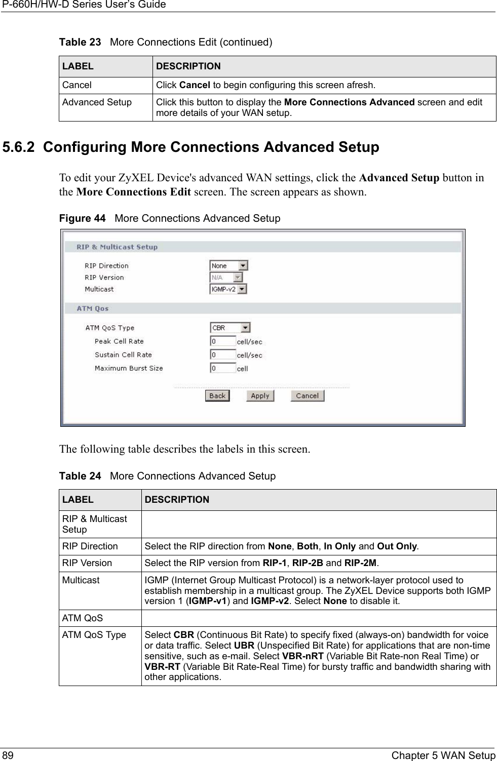 P-660H/HW-D Series User’s Guide89 Chapter 5 WAN Setup5.6.2  Configuring More Connections Advanced Setup  To edit your ZyXEL Device&apos;s advanced WAN settings, click the Advanced Setup button in the More Connections Edit screen. The screen appears as shown.Figure 44   More Connections Advanced SetupThe following table describes the labels in this screen.  Cancel Click Cancel to begin configuring this screen afresh.Advanced Setup Click this button to display the More Connections Advanced screen and edit more details of your WAN setup.Table 23   More Connections Edit (continued)LABEL DESCRIPTIONTable 24   More Connections Advanced SetupLABEL DESCRIPTIONRIP &amp; Multicast SetupRIP Direction Select the RIP direction from None, Both, In Only and Out Only.RIP Version Select the RIP version from RIP-1, RIP-2B and RIP-2M.Multicast IGMP (Internet Group Multicast Protocol) is a network-layer protocol used to establish membership in a multicast group. The ZyXEL Device supports both IGMP version 1 (IGMP-v1) and IGMP-v2. Select None to disable it.ATM QoSATM QoS Type Select CBR (Continuous Bit Rate) to specify fixed (always-on) bandwidth for voice or data traffic. Select UBR (Unspecified Bit Rate) for applications that are non-time sensitive, such as e-mail. Select VBR-nRT (Variable Bit Rate-non Real Time) or VBR-RT (Variable Bit Rate-Real Time) for bursty traffic and bandwidth sharing with other applications. 