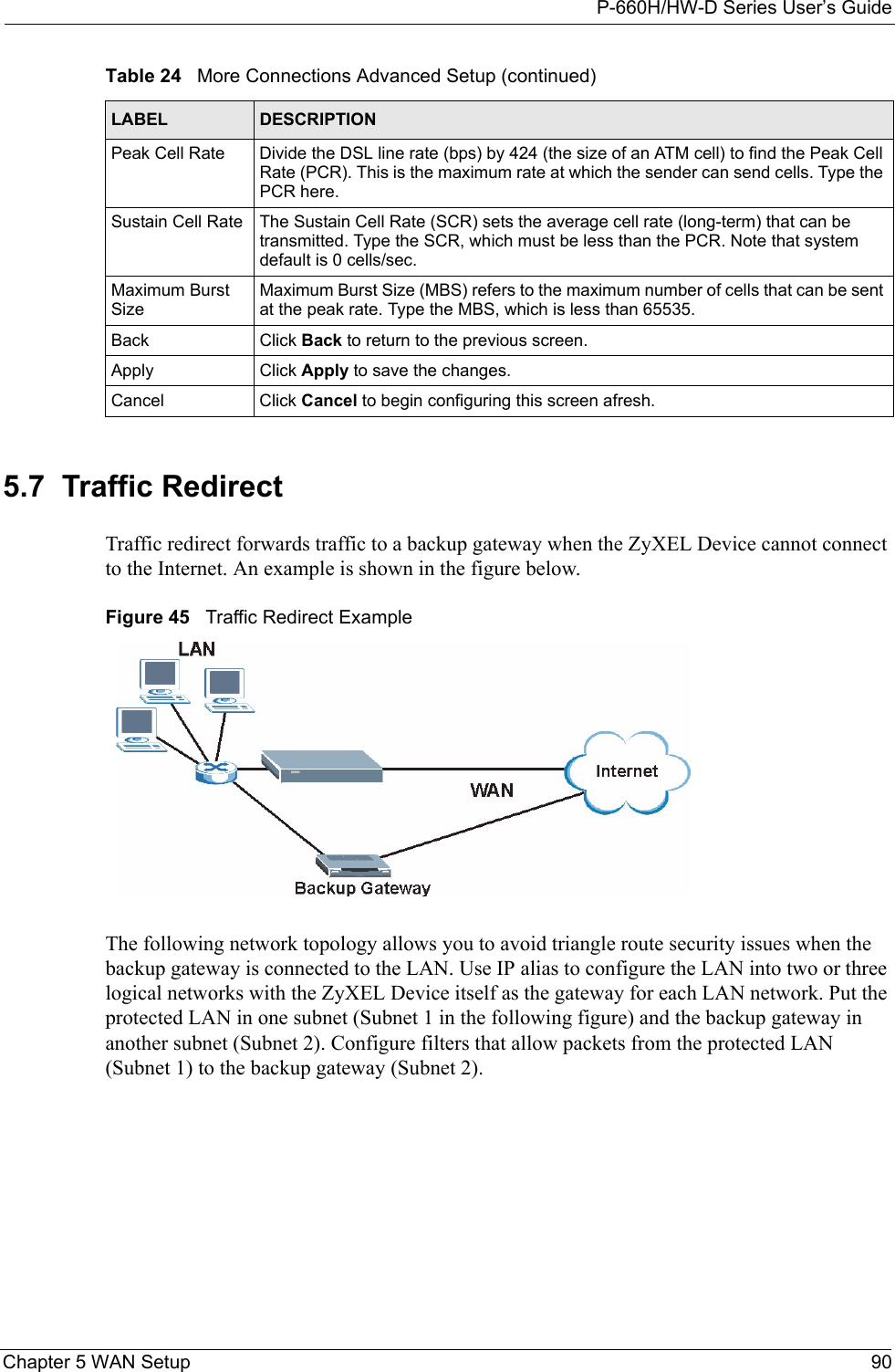 P-660H/HW-D Series User’s GuideChapter 5 WAN Setup 905.7  Traffic Redirect  Traffic redirect forwards traffic to a backup gateway when the ZyXEL Device cannot connect to the Internet. An example is shown in the figure below.Figure 45   Traffic Redirect ExampleThe following network topology allows you to avoid triangle route security issues when the backup gateway is connected to the LAN. Use IP alias to configure the LAN into two or three logical networks with the ZyXEL Device itself as the gateway for each LAN network. Put the protected LAN in one subnet (Subnet 1 in the following figure) and the backup gateway in another subnet (Subnet 2). Configure filters that allow packets from the protected LAN (Subnet 1) to the backup gateway (Subnet 2). Peak Cell Rate Divide the DSL line rate (bps) by 424 (the size of an ATM cell) to find the Peak Cell Rate (PCR). This is the maximum rate at which the sender can send cells. Type the PCR here.Sustain Cell Rate The Sustain Cell Rate (SCR) sets the average cell rate (long-term) that can be transmitted. Type the SCR, which must be less than the PCR. Note that system default is 0 cells/sec. Maximum Burst SizeMaximum Burst Size (MBS) refers to the maximum number of cells that can be sent at the peak rate. Type the MBS, which is less than 65535. Back Click Back to return to the previous screen.Apply Click Apply to save the changes. Cancel Click Cancel to begin configuring this screen afresh.Table 24   More Connections Advanced Setup (continued)LABEL DESCRIPTION