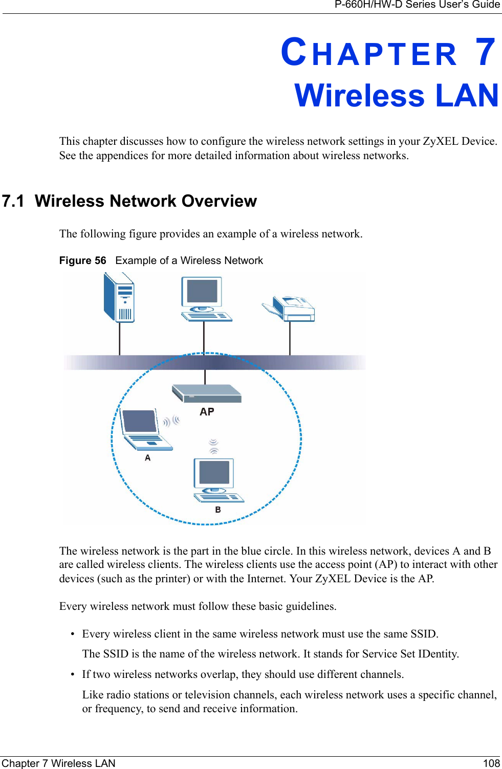 P-660H/HW-D Series User’s GuideChapter 7 Wireless LAN 108CHAPTER 7Wireless LANThis chapter discusses how to configure the wireless network settings in your ZyXEL Device. See the appendices for more detailed information about wireless networks.7.1  Wireless Network OverviewThe following figure provides an example of a wireless network.Figure 56   Example of a Wireless NetworkThe wireless network is the part in the blue circle. In this wireless network, devices A and B are called wireless clients. The wireless clients use the access point (AP) to interact with other devices (such as the printer) or with the Internet. Your ZyXEL Device is the AP.Every wireless network must follow these basic guidelines.• Every wireless client in the same wireless network must use the same SSID.The SSID is the name of the wireless network. It stands for Service Set IDentity.• If two wireless networks overlap, they should use different channels.Like radio stations or television channels, each wireless network uses a specific channel, or frequency, to send and receive information.