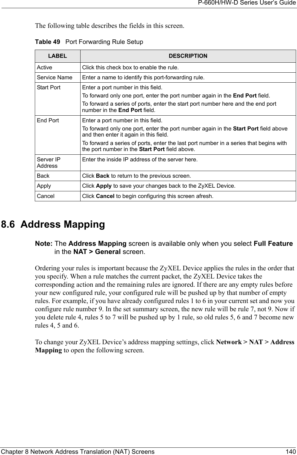 P-660H/HW-D Series User’s GuideChapter 8 Network Address Translation (NAT) Screens 140The following table describes the fields in this screen. 8.6  Address Mapping Note: The Address Mapping screen is available only when you select Full Feature in the NAT &gt; General screen.Ordering your rules is important because the ZyXEL Device applies the rules in the order that you specify. When a rule matches the current packet, the ZyXEL Device takes the corresponding action and the remaining rules are ignored. If there are any empty rules before your new configured rule, your configured rule will be pushed up by that number of empty rules. For example, if you have already configured rules 1 to 6 in your current set and now you configure rule number 9. In the set summary screen, the new rule will be rule 7, not 9. Now if you delete rule 4, rules 5 to 7 will be pushed up by 1 rule, so old rules 5, 6 and 7 become new rules 4, 5 and 6. To change your ZyXEL Device’s address mapping settings, click Network &gt; NAT &gt; Address Mapping to open the following screen. Table 49   Port Forwarding Rule Setup LABEL DESCRIPTIONActive Click this check box to enable the rule.Service Name Enter a name to identify this port-forwarding rule.Start Port  Enter a port number in this field. To forward only one port, enter the port number again in the End Port field. To forward a series of ports, enter the start port number here and the end port number in the End Port field.End Port  Enter a port number in this field. To forward only one port, enter the port number again in the Start Port field above and then enter it again in this field. To forward a series of ports, enter the last port number in a series that begins with the port number in the Start Port field above.Server IP AddressEnter the inside IP address of the server here.Back Click Back to return to the previous screen.Apply Click Apply to save your changes back to the ZyXEL Device.Cancel Click Cancel to begin configuring this screen afresh.