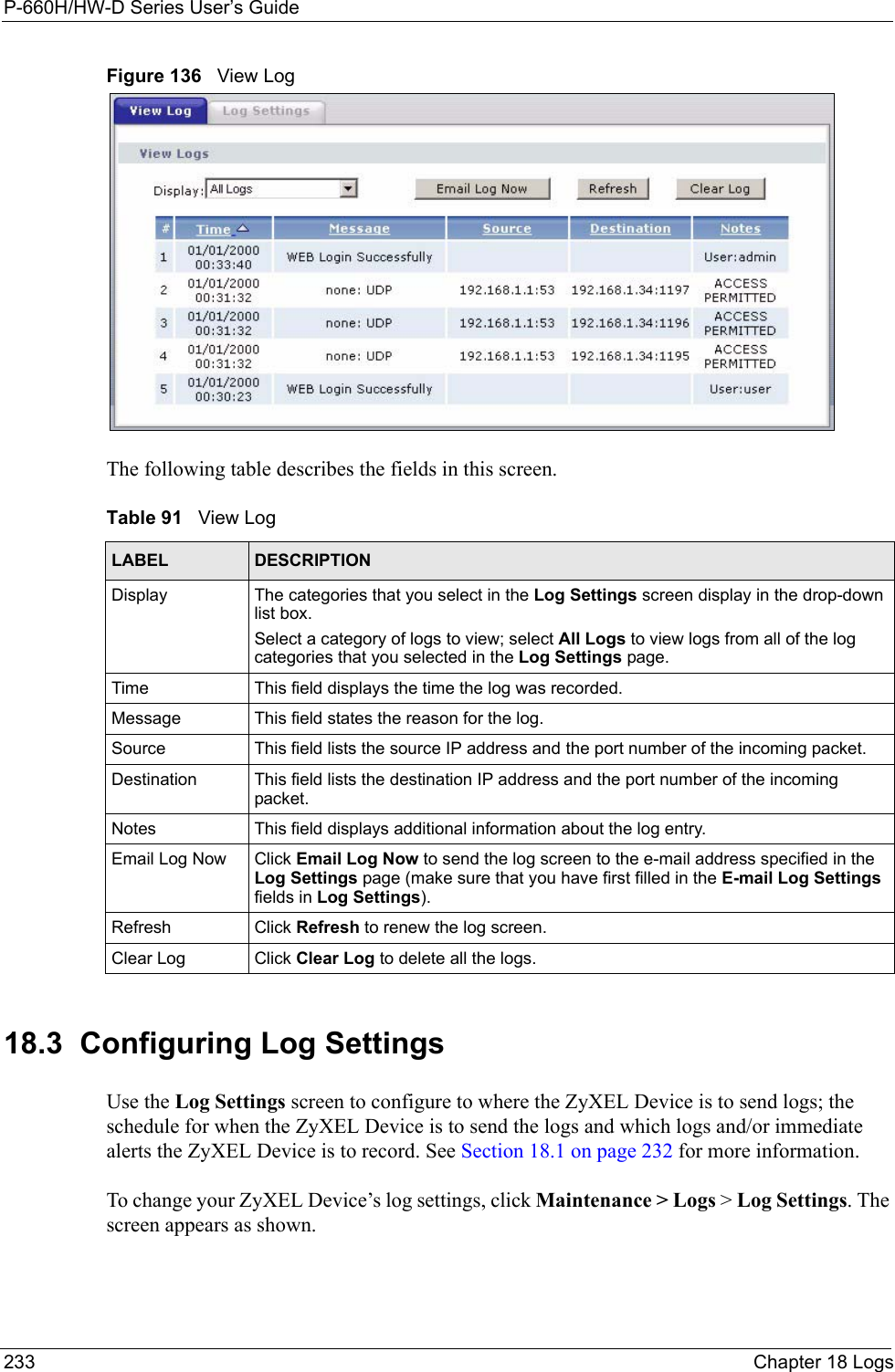 P-660H/HW-D Series User’s Guide233 Chapter 18 LogsFigure 136   View LogThe following table describes the fields in this screen.   18.3  Configuring Log Settings Use the Log Settings screen to configure to where the ZyXEL Device is to send logs; the schedule for when the ZyXEL Device is to send the logs and which logs and/or immediate alerts the ZyXEL Device is to record. See Section 18.1 on page 232 for more information. To change your ZyXEL Device’s log settings, click Maintenance &gt; Logs &gt; Log Settings. The screen appears as shown.Table 91   View LogLABEL DESCRIPTIONDisplay  The categories that you select in the Log Settings screen display in the drop-down list box.Select a category of logs to view; select All Logs to view logs from all of the log categories that you selected in the Log Settings page. Time  This field displays the time the log was recorded. Message This field states the reason for the log.Source This field lists the source IP address and the port number of the incoming packet.Destination  This field lists the destination IP address and the port number of the incoming packet.Notes This field displays additional information about the log entry. Email Log Now  Click Email Log Now to send the log screen to the e-mail address specified in the Log Settings page (make sure that you have first filled in the E-mail Log Settings fields in Log Settings).Refresh Click Refresh to renew the log screen. Clear Log  Click Clear Log to delete all the logs. 