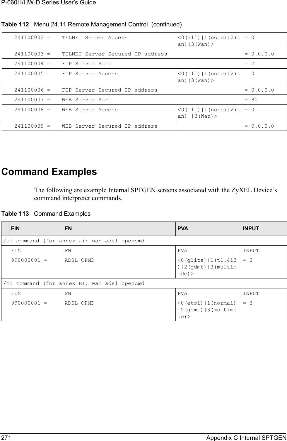 P-660H/HW-D Series User’s Guide271 Appendix C Internal SPTGENCommand ExamplesThe following are example Internal SPTGEN screens associated with the ZyXEL Device’s command interpreter commands.241100002 = TELNET Server Access  &lt;0(all)|1(none)|2(Lan)|3(Wan)&gt; = 0241100003 = TELNET Server Secured IP address  = 0.0.0.0241100004 = FTP Server Port  = 21241100005 = FTP Server Access  &lt;0(all)|1(none)|2(Lan)|3(Wan)&gt; = 0241100006 = FTP Server Secured IP address  = 0.0.0.0241100007 = WEB Server Port  = 80241100008 = WEB Server Access  &lt;0(all)|1(none)|2(Lan) |3(Wan)&gt; = 0241100009 = WEB Server Secured IP address = 0.0.0.0Table 112   Menu 24.11 Remote Management Control  (continued)Table 113   Command ExamplesFIN FN PVA INPUT/ci command (for annex a): wan adsl opencmd FIN FN PVA INPUT990000001 = ADSL OPMD  &lt;0(glite)|1(t1.413)|2(gdmt)|3(multimode)&gt;= 3/ci command (for annex B): wan adsl opencmdFIN FN PVA INPUT990000001 = ADSL OPMD  &lt;0(etsi)|1(normal)|2(gdmt)|3(multimode)&gt;= 3