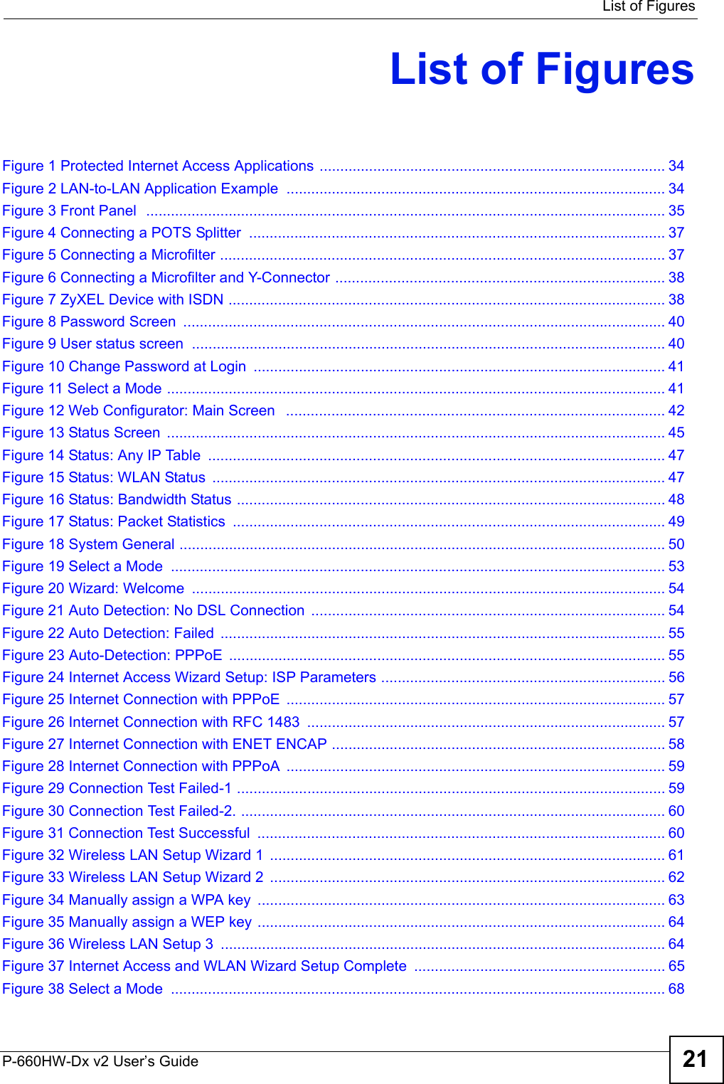  List of FiguresP-660HW-Dx v2 User’s Guide 21List of FiguresFigure 1 Protected Internet Access Applications .................................................................................... 34Figure 2 LAN-to-LAN Application Example ............................................................................................ 34Figure 3 Front Panel  .............................................................................................................................. 35Figure 4 Connecting a POTS Splitter  ..................................................................................................... 37Figure 5 Connecting a Microfilter ............................................................................................................ 37Figure 6 Connecting a Microfilter and Y-Connector ................................................................................ 38Figure 7 ZyXEL Device with ISDN .......................................................................................................... 38Figure 8 Password Screen  ..................................................................................................................... 40Figure 9 User status screen  ................................................................................................................... 40Figure 10 Change Password at Login .................................................................................................... 41Figure 11 Select a Mode ......................................................................................................................... 41Figure 12 Web Configurator: Main Screen   ............................................................................................ 42Figure 13 Status Screen  ......................................................................................................................... 45Figure 14 Status: Any IP Table  ............................................................................................................... 47Figure 15 Status: WLAN Status  .............................................................................................................. 47Figure 16 Status: Bandwidth Status ........................................................................................................ 48Figure 17 Status: Packet Statistics  ......................................................................................................... 49Figure 18 System General ...................................................................................................................... 50Figure 19 Select a Mode  ........................................................................................................................ 53Figure 20 Wizard: Welcome  ................................................................................................................... 54Figure 21 Auto Detection: No DSL Connection  ...................................................................................... 54Figure 22 Auto Detection: Failed  ............................................................................................................ 55Figure 23 Auto-Detection: PPPoE  .......................................................................................................... 55Figure 24 Internet Access Wizard Setup: ISP Parameters ..................................................................... 56Figure 25 Internet Connection with PPPoE  ............................................................................................ 57Figure 26 Internet Connection with RFC 1483  ....................................................................................... 57Figure 27 Internet Connection with ENET ENCAP ................................................................................. 58Figure 28 Internet Connection with PPPoA  ............................................................................................ 59Figure 29 Connection Test Failed-1 ........................................................................................................ 59Figure 30 Connection Test Failed-2. ....................................................................................................... 60Figure 31 Connection Test Successful  ................................................................................................... 60Figure 32 Wireless LAN Setup Wizard 1  ................................................................................................ 61Figure 33 Wireless LAN Setup Wizard 2  ................................................................................................ 62Figure 34 Manually assign a WPA key  ................................................................................................... 63Figure 35 Manually assign a WEP key ................................................................................................... 64Figure 36 Wireless LAN Setup 3  ............................................................................................................ 64Figure 37 Internet Access and WLAN Wizard Setup Complete  ............................................................. 65Figure 38 Select a Mode  ........................................................................................................................ 68