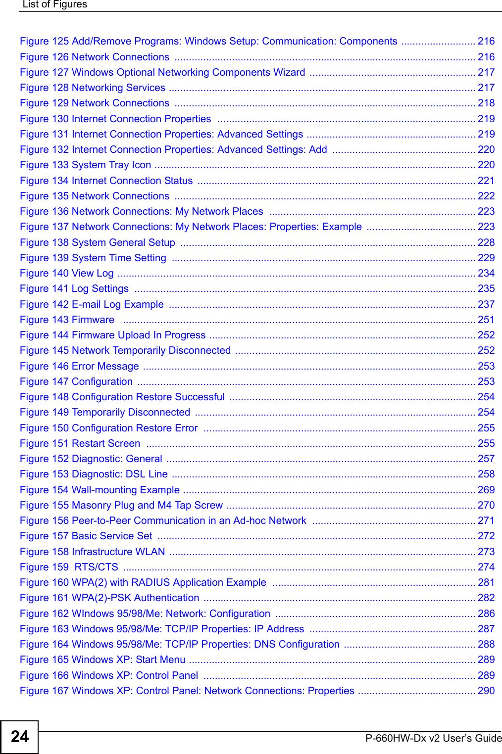 List of FiguresP-660HW-Dx v2 User’s Guide24Figure 125 Add/Remove Programs: Windows Setup: Communication: Components .......................... 216Figure 126 Network Connections  ......................................................................................................... 216Figure 127 Windows Optional Networking Components Wizard .......................................................... 217Figure 128 Networking Services ........................................................................................................... 217Figure 129 Network Connections  ......................................................................................................... 218Figure 130 Internet Connection Properties  .......................................................................................... 219Figure 131 Internet Connection Properties: Advanced Settings ........................................................... 219Figure 132 Internet Connection Properties: Advanced Settings: Add  .................................................. 220Figure 133 System Tray Icon ................................................................................................................ 220Figure 134 Internet Connection Status  ................................................................................................. 221Figure 135 Network Connections  ......................................................................................................... 222Figure 136 Network Connections: My Network Places  ........................................................................ 223Figure 137 Network Connections: My Network Places: Properties: Example  ...................................... 223Figure 138 System General Setup  ....................................................................................................... 228Figure 139 System Time Setting  .......................................................................................................... 229Figure 140 View Log ............................................................................................................................. 234Figure 141 Log Settings  ....................................................................................................................... 235Figure 142 E-mail Log Example  ........................................................................................................... 237Figure 143 Firmware   ........................................................................................................................... 251Figure 144 Firmware Upload In Progress ............................................................................................. 252Figure 145 Network Temporarily Disconnected ....................................................................................252Figure 146 Error Message .................................................................................................................... 253Figure 147 Configuration  ...................................................................................................................... 253Figure 148 Configuration Restore Successful  ...................................................................................... 254Figure 149 Temporarily Disconnected .................................................................................................. 254Figure 150 Configuration Restore Error  ............................................................................................... 255Figure 151 Restart Screen  ................................................................................................................... 255Figure 152 Diagnostic: General ............................................................................................................ 257Figure 153 Diagnostic: DSL Line .......................................................................................................... 258Figure 154 Wall-mounting Example ...................................................................................................... 269Figure 155 Masonry Plug and M4 Tap Screw .......................................................................................270Figure 156 Peer-to-Peer Communication in an Ad-hoc Network  ......................................................... 271Figure 157 Basic Service Set  ............................................................................................................... 272Figure 158 Infrastructure WLAN ........................................................................................................... 273Figure 159  RTS/CTS  ........................................................................................................................... 274Figure 160 WPA(2) with RADIUS Application Example ....................................................................... 281Figure 161 WPA(2)-PSK Authentication ............................................................................................... 282Figure 162 WIndows 95/98/Me: Network: Configuration  ...................................................................... 286Figure 163 Windows 95/98/Me: TCP/IP Properties: IP Address  .......................................................... 287Figure 164 Windows 95/98/Me: TCP/IP Properties: DNS Configuration .............................................. 288Figure 165 Windows XP: Start Menu .................................................................................................... 289Figure 166 Windows XP: Control Panel  ............................................................................................... 289Figure 167 Windows XP: Control Panel: Network Connections: Properties ......................................... 290