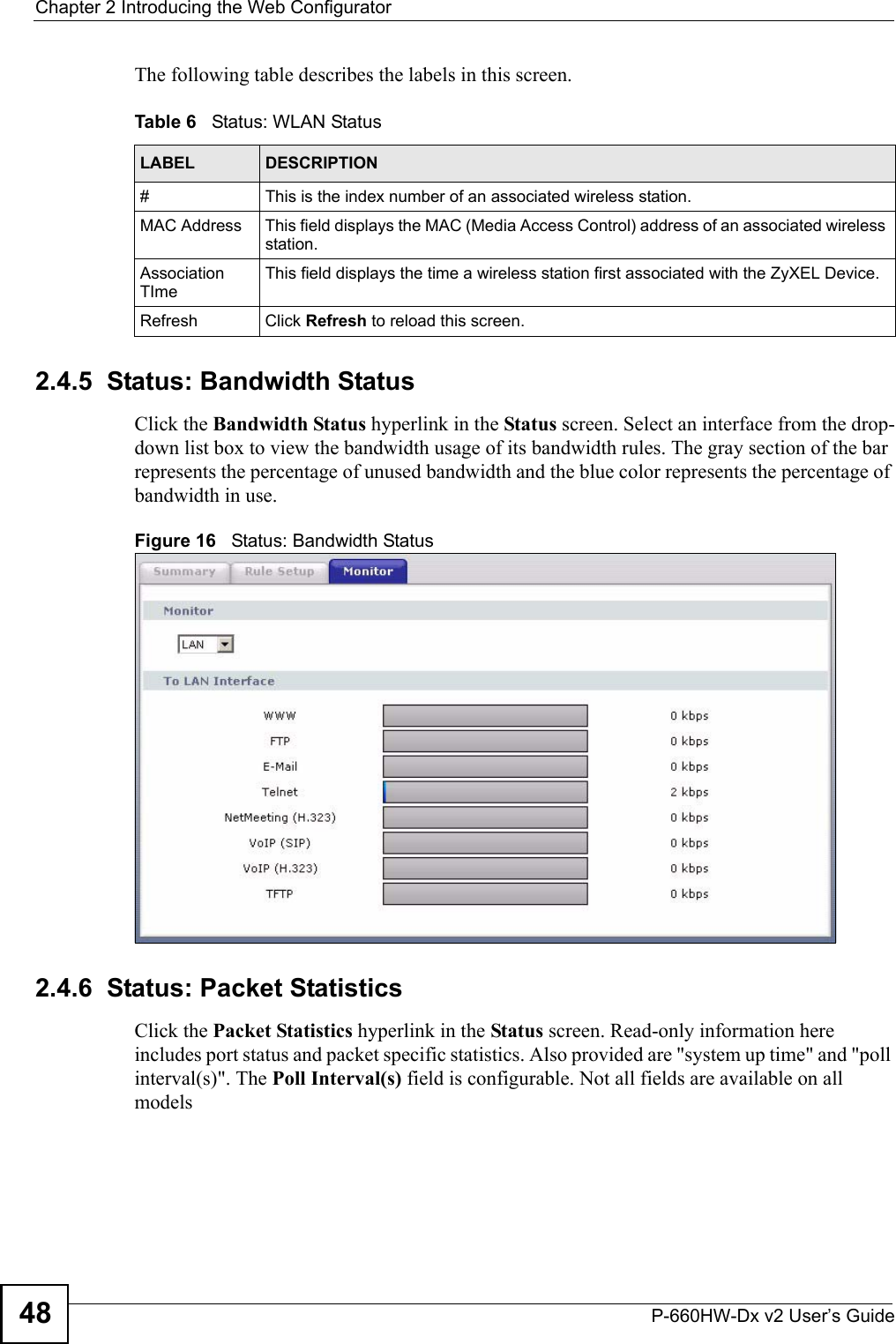 Chapter 2 Introducing the Web ConfiguratorP-660HW-Dx v2 User’s Guide48The following table describes the labels in this screen.2.4.5  Status: Bandwidth StatusClick the Bandwidth Status hyperlink in the Status screen. Select an interface from the drop-down list box to view the bandwidth usage of its bandwidth rules. The gray section of the bar represents the percentage of unused bandwidth and the blue color represents the percentage of bandwidth in use.Figure 16   Status: Bandwidth Status2.4.6  Status: Packet StatisticsClick the Packet Statistics hyperlink in the Status screen. Read-only information here includes port status and packet specific statistics. Also provided are &quot;system up time&quot; and &quot;poll interval(s)&quot;. The Poll Interval(s) field is configurable. Not all fields are available on all modelsTable 6   Status: WLAN StatusLABEL  DESCRIPTION#  This is the index number of an associated wireless station. MAC Address This field displays the MAC (Media Access Control) address of an associated wireless station.Association TImeThis field displays the time a wireless station first associated with the ZyXEL Device.Refresh Click Refresh to reload this screen.