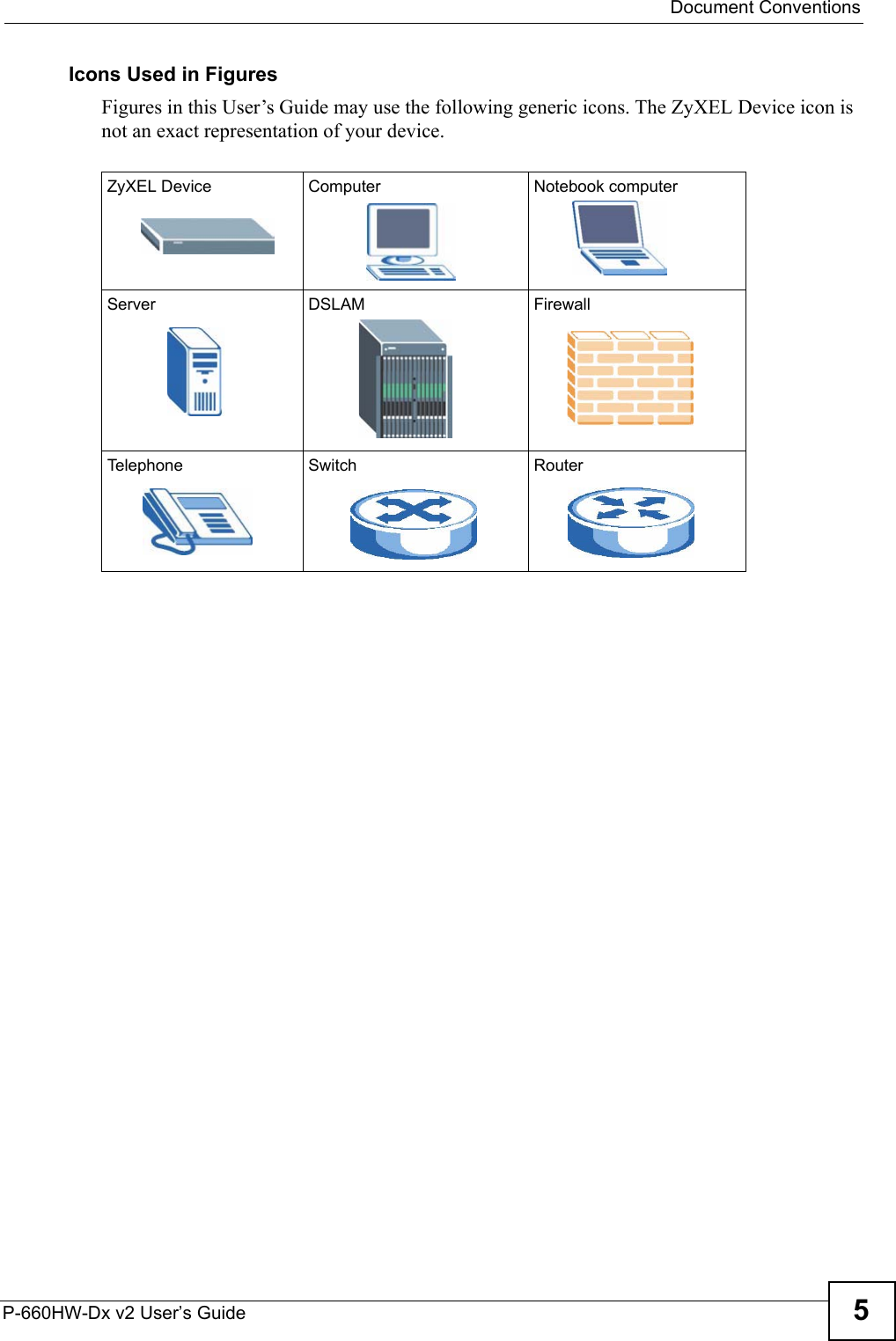  Document ConventionsP-660HW-Dx v2 User’s Guide 5Icons Used in FiguresFigures in this User’s Guide may use the following generic icons. The ZyXEL Device icon is not an exact representation of your device.ZyXEL Device Computer Notebook computerServer DSLAM FirewallTelephone Switch Router