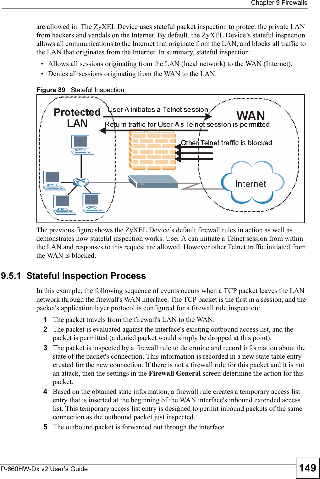  Chapter 9 FirewallsP-660HW-Dx v2 User’s Guide 149are allowed in. The ZyXEL Device uses stateful packet inspection to protect the private LAN from hackers and vandals on the Internet. By default, the ZyXEL Device’s stateful inspection allows all communications to the Internet that originate from the LAN, and blocks all traffic to the LAN that originates from the Internet. In summary, stateful inspection: • Allows all sessions originating from the LAN (local network) to the WAN (Internet).• Denies all sessions originating from the WAN to the LAN.Figure 89   Stateful InspectionThe previous figure shows the ZyXEL Device’s default firewall rules in action as well as demonstrates how stateful inspection works. User A can initiate a Telnet session from within the LAN and responses to this request are allowed. However other Telnet traffic initiated from the WAN is blocked.9.5.1  Stateful Inspection ProcessIn this example, the following sequence of events occurs when a TCP packet leaves the LAN network through the firewall&apos;s WAN interface. The TCP packet is the first in a session, and the packet&apos;s application layer protocol is configured for a firewall rule inspection:1The packet travels from the firewall&apos;s LAN to the WAN.2The packet is evaluated against the interface&apos;s existing outbound access list, and the packet is permitted (a denied packet would simply be dropped at this point).3The packet is inspected by a firewall rule to determine and record information about the state of the packet&apos;s connection. This information is recorded in a new state table entry created for the new connection. If there is not a firewall rule for this packet and it is not an attack, then the settings in the Firewall General screen determine the action for this packet.4Based on the obtained state information, a firewall rule creates a temporary access list entry that is inserted at the beginning of the WAN interface&apos;s inbound extended access list. This temporary access list entry is designed to permit inbound packets of the same connection as the outbound packet just inspected.5The outbound packet is forwarded out through the interface.