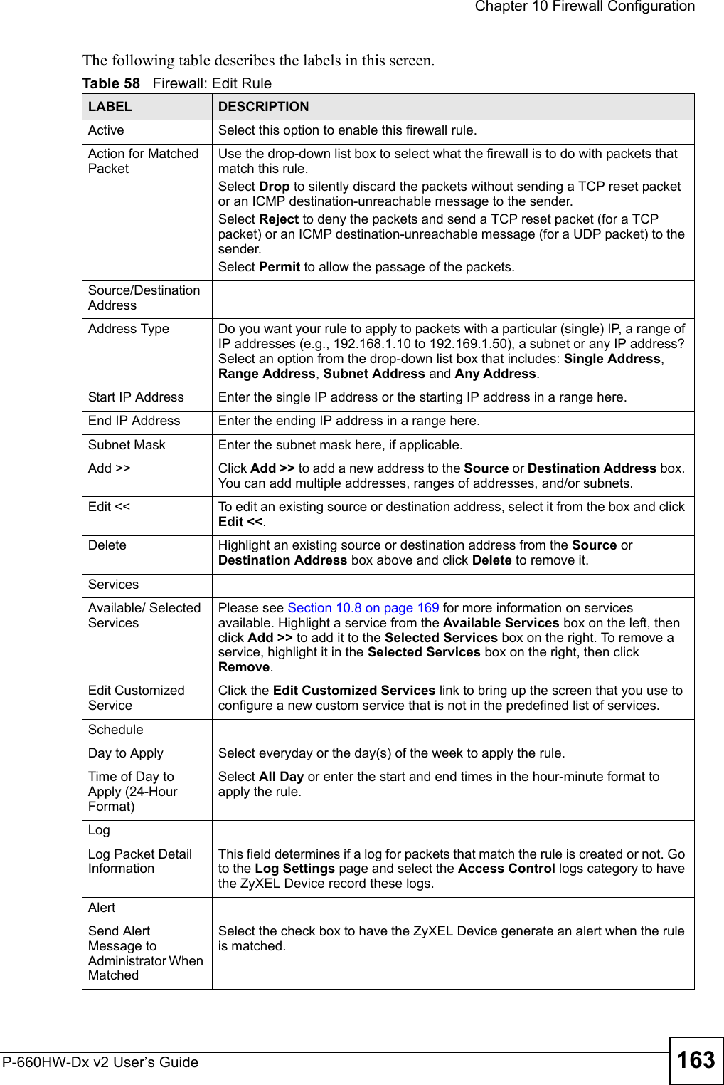  Chapter 10 Firewall ConfigurationP-660HW-Dx v2 User’s Guide 163The following table describes the labels in this screen.Table 58   Firewall: Edit RuleLABEL DESCRIPTIONActive Select this option to enable this firewall rule. Action for Matched PacketUse the drop-down list box to select what the firewall is to do with packets that match this rule. Select Drop to silently discard the packets without sending a TCP reset packet or an ICMP destination-unreachable message to the sender.Select Reject to deny the packets and send a TCP reset packet (for a TCP packet) or an ICMP destination-unreachable message (for a UDP packet) to the sender.Select Permit to allow the passage of the packets. Source/Destination AddressAddress Type Do you want your rule to apply to packets with a particular (single) IP, a range of IP addresses (e.g., 192.168.1.10 to 192.169.1.50), a subnet or any IP address? Select an option from the drop-down list box that includes: Single Address, Range Address, Subnet Address and Any Address. Start IP Address Enter the single IP address or the starting IP address in a range here. End IP Address Enter the ending IP address in a range here.Subnet Mask Enter the subnet mask here, if applicable.Add &gt;&gt; Click Add &gt;&gt; to add a new address to the Source or Destination Address box. You can add multiple addresses, ranges of addresses, and/or subnets.Edit &lt;&lt; To edit an existing source or destination address, select it from the box and click Edit &lt;&lt;.Delete Highlight an existing source or destination address from the Source or Destination Address box above and click Delete to remove it.ServicesAvailable/ Selected ServicesPlease see Section 10.8 on page 169 for more information on services available. Highlight a service from the Available Services box on the left, then click Add &gt;&gt; to add it to the Selected Services box on the right. To remove a service, highlight it in the Selected Services box on the right, then click Remove.Edit Customized ServiceClick the Edit Customized Services link to bring up the screen that you use to configure a new custom service that is not in the predefined list of services.ScheduleDay to Apply Select everyday or the day(s) of the week to apply the rule.Time of Day to Apply (24-Hour Format)Select All Day or enter the start and end times in the hour-minute format to apply the rule.LogLog Packet Detail Information This field determines if a log for packets that match the rule is created or not. Go to the Log Settings page and select the Access Control logs category to have the ZyXEL Device record these logs.Alert Send Alert Message to Administrator When MatchedSelect the check box to have the ZyXEL Device generate an alert when the rule is matched.