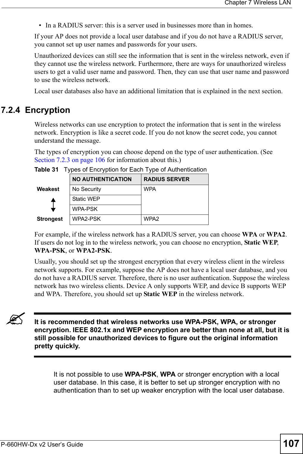  Chapter 7 Wireless LANP-660HW-Dx v2 User’s Guide 107• In a RADIUS server: this is a server used in businesses more than in homes.If your AP does not provide a local user database and if you do not have a RADIUS server, you cannot set up user names and passwords for your users.Unauthorized devices can still see the information that is sent in the wireless network, even if they cannot use the wireless network. Furthermore, there are ways for unauthorized wireless users to get a valid user name and password. Then, they can use that user name and password to use the wireless network.Local user databases also have an additional limitation that is explained in the next section.7.2.4  EncryptionWireless networks can use encryption to protect the information that is sent in the wireless network. Encryption is like a secret code. If you do not know the secret code, you cannot understand the message.The types of encryption you can choose depend on the type of user authentication. (See Section 7.2.3 on page 106 for information about this.)For example, if the wireless network has a RADIUS server, you can choose WPA or WPA2. If users do not log in to the wireless network, you can choose no encryption, Static WEP, WPA-PSK, or WPA2-PSK.Usually, you should set up the strongest encryption that every wireless client in the wireless network supports. For example, suppose the AP does not have a local user database, and you do not have a RADIUS server. Therefore, there is no user authentication. Suppose the wireless network has two wireless clients. Device A only supports WEP, and device B supports WEP and WPA. Therefore, you should set up Static WEP in the wireless network.&quot;It is recommended that wireless networks use WPA-PSK, WPA, or stronger encryption. IEEE 802.1x and WEP encryption are better than none at all, but it is still possible for unauthorized devices to figure out the original information pretty quickly.It is not possible to use WPA-PSK, WPA or stronger encryption with a local user database. In this case, it is better to set up stronger encryption with no authentication than to set up weaker encryption with the local user database.Table 31   Types of Encryption for Each Type of AuthenticationNO AUTHENTICATION RADIUS SERVERWeakest No Security WPAStatic WEPWPA-PSKStrongest WPA2-PSK WPA2