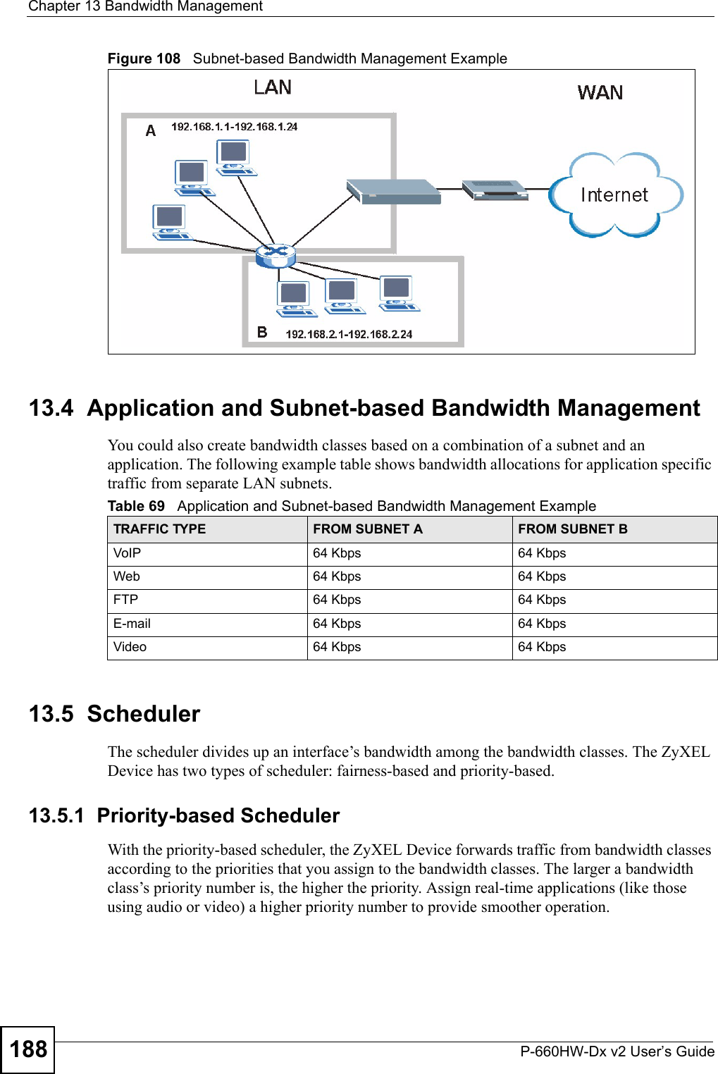 Chapter 13 Bandwidth ManagementP-660HW-Dx v2 User’s Guide188Figure 108   Subnet-based Bandwidth Management Example13.4  Application and Subnet-based Bandwidth ManagementYou could also create bandwidth classes based on a combination of a subnet and an application. The following example table shows bandwidth allocations for application specific traffic from separate LAN subnets.13.5  SchedulerThe scheduler divides up an interface’s bandwidth among the bandwidth classes. The ZyXEL Device has two types of scheduler: fairness-based and priority-based. 13.5.1  Priority-based SchedulerWith the priority-based scheduler, the ZyXEL Device forwards traffic from bandwidth classes according to the priorities that you assign to the bandwidth classes. The larger a bandwidth class’s priority number is, the higher the priority. Assign real-time applications (like those using audio or video) a higher priority number to provide smoother operation.Table 69   Application and Subnet-based Bandwidth Management Example TRAFFIC TYPE FROM SUBNET A FROM SUBNET BVoIP 64 Kbps 64 KbpsWeb 64 Kbps 64 KbpsFTP 64 Kbps 64 KbpsE-mail 64 Kbps 64 KbpsVideo 64 Kbps 64 Kbps