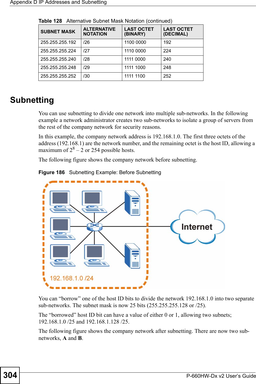 Appendix D IP Addresses and SubnettingP-660HW-Dx v2 User’s Guide304SubnettingYou can use subnetting to divide one network into multiple sub-networks. In the following example a network administrator creates two sub-networks to isolate a group of servers from the rest of the company network for security reasons.In this example, the company network address is 192.168.1.0. The first three octets of the address (192.168.1) are the network number, and the remaining octet is the host ID, allowing a maximum of 28 – 2 or 254 possible hosts.The following figure shows the company network before subnetting.  Figure 186   Subnetting Example: Before SubnettingYou can “borrow” one of the host ID bits to divide the network 192.168.1.0 into two separate sub-networks. The subnet mask is now 25 bits (255.255.255.128 or /25).The “borrowed” host ID bit can have a value of either 0 or 1, allowing two subnets; 192.168.1.0 /25 and 192.168.1.128 /25. The following figure shows the company network after subnetting. There are now two sub-networks, A and B. 255.255.255.192 /26 1100 0000 192255.255.255.224 /27 1110 0000 224255.255.255.240 /28 1111 0000 240255.255.255.248 /29 1111 1000 248255.255.255.252 /30 1111 1100 252Table 128   Alternative Subnet Mask Notation (continued)SUBNET MASK ALTERNATIVE NOTATIONLAST OCTET (BINARY)LAST OCTET (DECIMAL)