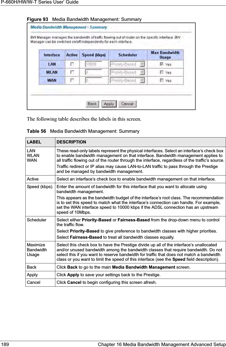P-660H/HW/W-T Series User’ Guide189 Chapter 16 Media Bandwidth Management Advanced SetupFigure 93   Media Bandwidth Management: SummaryThe following table describes the labels in this screen. Table 56   Media Bandwidth Management: SummaryLABEL DESCRIPTIONLANWLANWANThese read-only labels represent the physical interfaces. Select an interface’s check box to enable bandwidth management on that interface. Bandwidth management applies to all traffic flowing out of the router through the interface, regardless of the traffic’s source.Traffic redirect or IP alias may cause LAN-to-LAN traffic to pass through the Prestige and be managed by bandwidth management.Active Select an interface’s check box to enable bandwidth management on that interface. Speed (kbps) Enter the amount of bandwidth for this interface that you want to allocate using bandwidth management. This appears as the bandwidth budget of the interface’s root class. The recommendation is to set this speed to match what the interface’s connection can handle. For example, set the WAN interface speed to 10000 kbps if the ADSL connection has an upstream speed of 10Mbps.Scheduler Select either Priority-Based or Fairness-Based from the drop-down menu to control the traffic flow. Select Priority-Based to give preference to bandwidth classes with higher priorities. Select Fairness-Based to treat all bandwidth classes equally.MaximizeBandwidth UsageSelect this check box to have the Prestige divide up all of the interface’s unallocated and/or unused bandwidth among the bandwidth classes that require bandwidth. Do not select this if you want to reserve bandwidth for traffic that does not match a bandwidth class or you want to limit the speed of this interface (see the Speed field description).Back Click Back to go to the main Media Bandwidth Management screen.Apply Click Apply to save your settings back to the Prestige.Cancel Click Cancel to begin configuring this screen afresh.