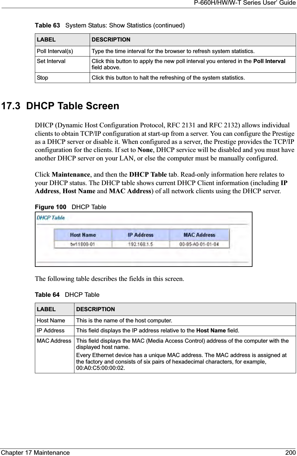 P-660H/HW/W-T Series User’ GuideChapter 17 Maintenance 20017.3  DHCP Table Screen DHCP (Dynamic Host Configuration Protocol, RFC 2131 and RFC 2132) allows individual clients to obtain TCP/IP configuration at start-up from a server. You can configure the Prestige as a DHCP server or disable it. When configured as a server, the Prestige provides the TCP/IP configuration for the clients. If set to None, DHCP service will be disabled and you must have another DHCP server on your LAN, or else the computer must be manually configured.Click Maintenance, and then the DHCP Table tab. Read-only information here relates to your DHCP status. The DHCP table shows current DHCP Client information (including IPAddress,Host Name and MAC Address) of all network clients using the DHCP server.Figure 100   DHCP TableThe following table describes the fields in this screen.  Poll Interval(s) Type the time interval for the browser to refresh system statistics.Set Interval Click this button to apply the new poll interval you entered in the Poll Intervalfield above.Stop Click this button to halt the refreshing of the system statistics.Table 63   System Status: Show Statistics (continued)LABEL DESCRIPTIONTable 64   DHCP TableLABEL DESCRIPTIONHost Name This is the name of the host computer.IP Address This field displays the IP address relative to the Host Name field. MAC Address  This field displays the MAC (Media Access Control) address of the computer with the displayed host name.Every Ethernet device has a unique MAC address. The MAC address is assigned at the factory and consists of six pairs of hexadecimal characters, for example, 00:A0:C5:00:00:02.