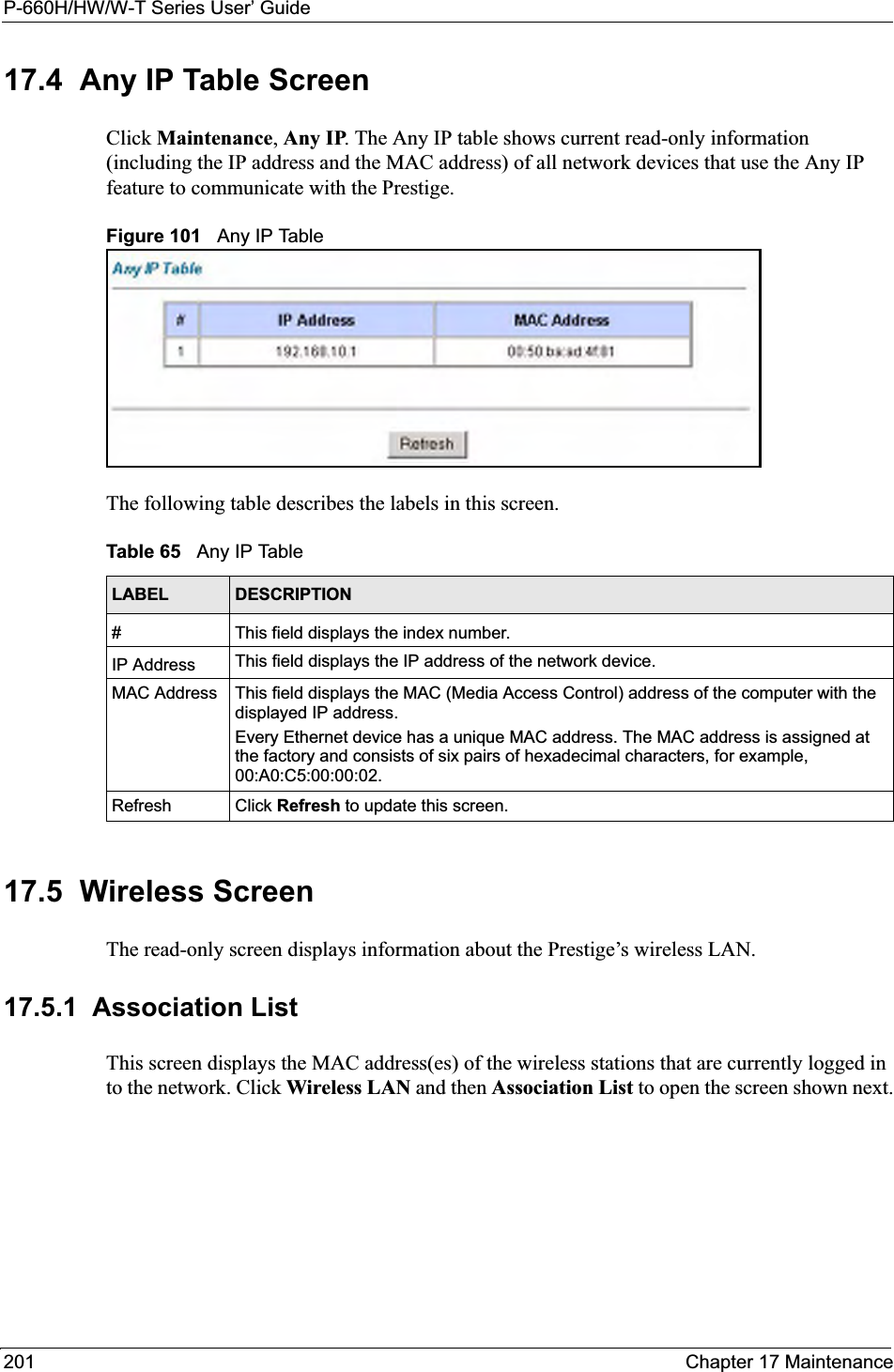 P-660H/HW/W-T Series User’ Guide201 Chapter 17 Maintenance17.4  Any IP Table Screen Click Maintenance,Any IP. The Any IP table shows current read-only information (including the IP address and the MAC address) of all network devices that use the Any IP feature to communicate with the Prestige. Figure 101   Any IP TableThe following table describes the labels in this screen.  17.5  Wireless Screen The read-only screen displays information about the Prestige’s wireless LAN.17.5.1  Association List This screen displays the MAC address(es) of the wireless stations that are currently logged in to the network. Click Wireless LAN and then Association List to open the screen shown next.Table 65   Any IP TableLABEL DESCRIPTION#This field displays the index number. IP Address This field displays the IP address of the network device. MAC Address This field displays the MAC (Media Access Control) address of the computer with the displayed IP address.Every Ethernet device has a unique MAC address. The MAC address is assigned at the factory and consists of six pairs of hexadecimal characters, for example, 00:A0:C5:00:00:02.Refresh Click Refresh to update this screen. 