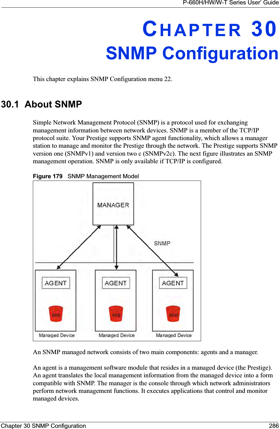 P-660H/HW/W-T Series User’ GuideChapter 30 SNMP Configuration 286CHAPTER 30SNMP ConfigurationThis chapter explains SNMP Configuration menu 22.30.1  About SNMPSimple Network Management Protocol (SNMP) is a protocol used for exchanging management information between network devices. SNMP is a member of the TCP/IP protocol suite. Your Prestige supports SNMP agent functionality, which allows a manager station to manage and monitor the Prestige through the network. The Prestige supports SNMP version one (SNMPv1) and version two c (SNMPv2c). The next figure illustrates an SNMP management operation. SNMP is only available if TCP/IP is configured.Figure 179   SNMP Management ModelAn SNMP managed network consists of two main components: agents and a manager. An agent is a management software module that resides in a managed device (the Prestige). An agent translates the local management information from the managed device into a form compatible with SNMP. The manager is the console through which network administrators perform network management functions. It executes applications that control and monitor managed devices. 