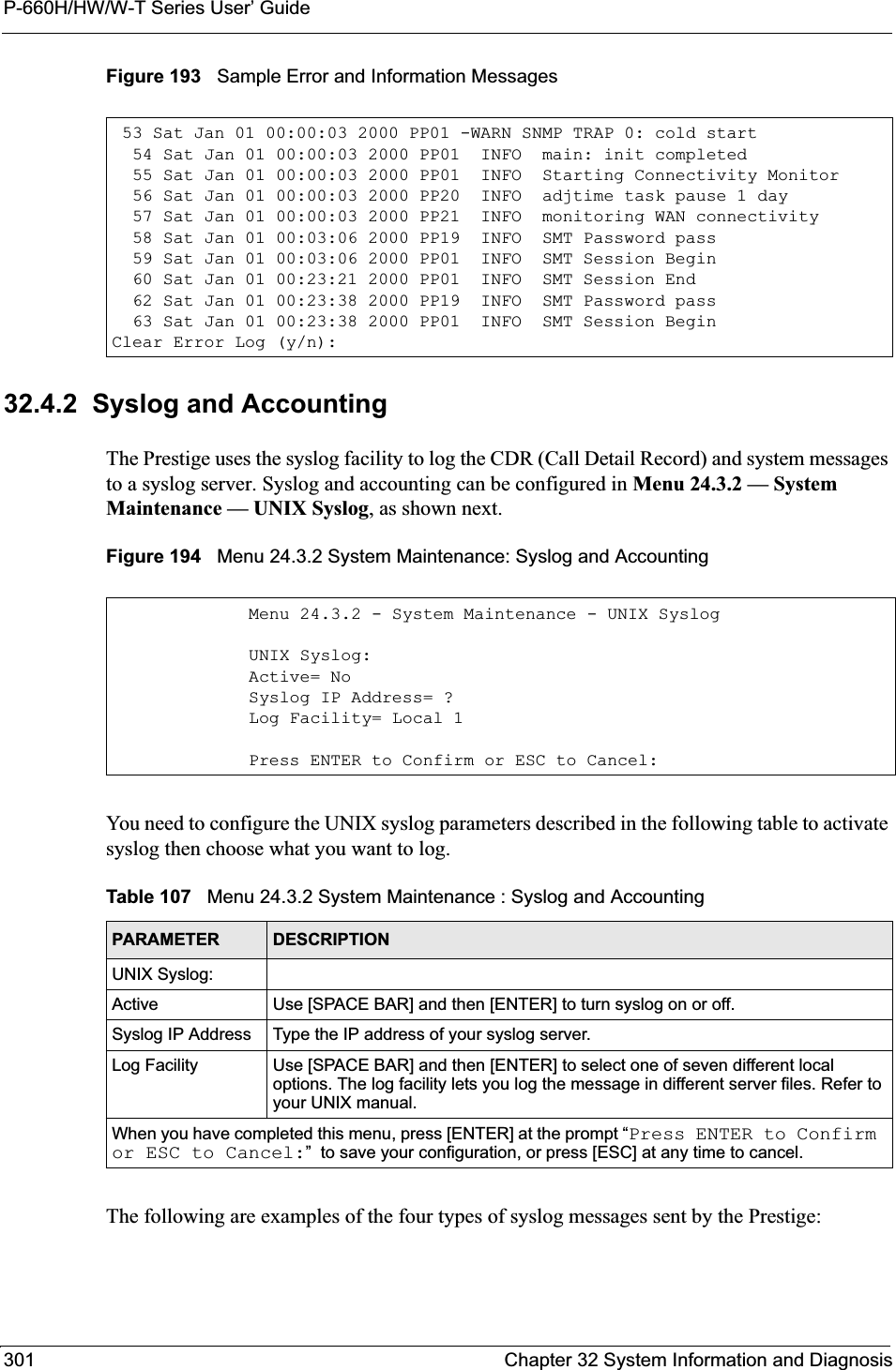 P-660H/HW/W-T Series User’ Guide301 Chapter 32 System Information and DiagnosisFigure 193   Sample Error and Information Messages32.4.2  Syslog and AccountingThe Prestige uses the syslog facility to log the CDR (Call Detail Record) and system messages to a syslog server. Syslog and accounting can be configured in Menu 24.3.2 — SystemMaintenance — UNIX Syslog, as shown next.Figure 194   Menu 24.3.2 System Maintenance: Syslog and AccountingYou need to configure the UNIX syslog parameters described in the following table to activate syslog then choose what you want to log.The following are examples of the four types of syslog messages sent by the Prestige: 53 Sat Jan 01 00:00:03 2000 PP01 -WARN SNMP TRAP 0: cold start  54 Sat Jan 01 00:00:03 2000 PP01  INFO  main: init completed  55 Sat Jan 01 00:00:03 2000 PP01  INFO  Starting Connectivity Monitor  56 Sat Jan 01 00:00:03 2000 PP20  INFO  adjtime task pause 1 day  57 Sat Jan 01 00:00:03 2000 PP21  INFO  monitoring WAN connectivity  58 Sat Jan 01 00:03:06 2000 PP19  INFO  SMT Password pass  59 Sat Jan 01 00:03:06 2000 PP01  INFO  SMT Session Begin  60 Sat Jan 01 00:23:21 2000 PP01  INFO  SMT Session End  62 Sat Jan 01 00:23:38 2000 PP19  INFO  SMT Password pass  63 Sat Jan 01 00:23:38 2000 PP01  INFO  SMT Session BeginClear Error Log (y/n):Menu 24.3.2 - System Maintenance - UNIX SyslogUNIX Syslog:Active= NoSyslog IP Address= ?Log Facility= Local 1Press ENTER to Confirm or ESC to Cancel:Table 107   Menu 24.3.2 System Maintenance : Syslog and AccountingPARAMETER DESCRIPTIONUNIX Syslog:Active Use [SPACE BAR] and then [ENTER] to turn syslog on or off.Syslog IP Address Type the IP address of your syslog server.Log Facility Use [SPACE BAR] and then [ENTER] to select one of seven different local options. The log facility lets you log the message in different server files. Refer to your UNIX manual.When you have completed this menu, press [ENTER] at the prompt “Press ENTER to Confirm or ESC to Cancel:”  to save your configuration, or press [ESC] at any time to cancel.