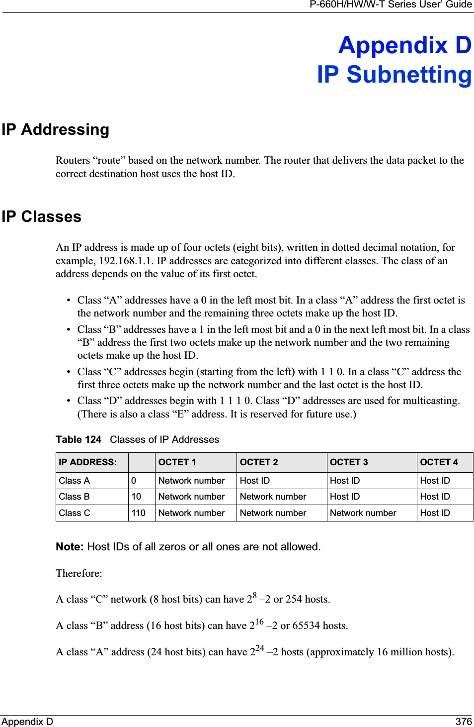 P-660H/HW/W-T Series User’ GuideAppendix D 376Appendix DIP SubnettingIP Addressing Routers “route” based on the network number. The router that delivers the data packet to the correct destination host uses the host ID. IP ClassesAn IP address is made up of four octets (eight bits), written in dotted decimal notation, for example, 192.168.1.1. IP addresses are categorized into different classes. The class of an address depends on the value of its first octet. • Class “A” addresses have a 0 in the left most bit. In a class “A” address the first octet is the network number and the remaining three octets make up the host ID.• Class “B” addresses have a 1 in the left most bit and a 0 in the next left most bit. In a class “B” address the first two octets make up the network number and the two remaining octets make up the host ID.• Class “C” addresses begin (starting from the left) with 1 1 0. In a class “C” address the first three octets make up the network number and the last octet is the host ID.• Class “D” addresses begin with 1 1 1 0. Class “D” addresses are used for multicasting. (There is also a class “E” address. It is reserved for future use.) Note: Host IDs of all zeros or all ones are not allowed.Therefore:A class “C” network (8 host bits) can have 28 –2 or 254 hosts. A class “B” address (16 host bits) can have 216 –2 or 65534 hosts. A class “A” address (24 host bits) can have 224 –2 hosts (approximately 16 million hosts). Table 124   Classes of IP AddressesIP ADDRESS: OCTET 1 OCTET 2 OCTET 3 OCTET 4Class A 0Network number Host ID Host ID Host IDClass B 10 Network number Network number Host ID Host IDClass C 110 Network number Network number Network number Host ID