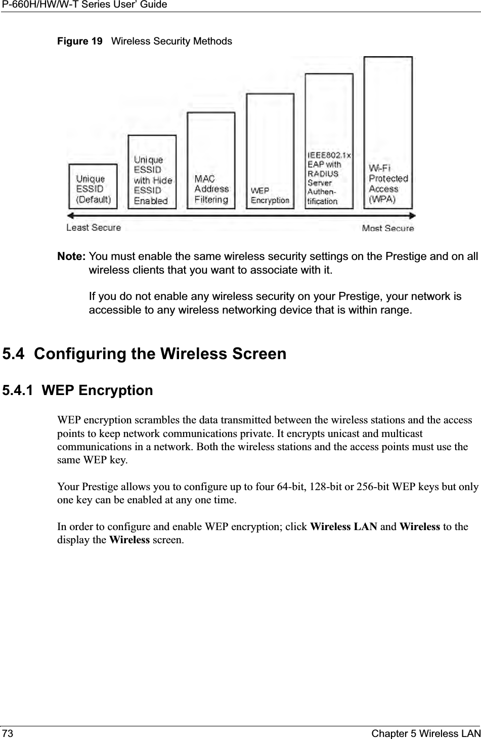P-660H/HW/W-T Series User’ Guide73 Chapter 5 Wireless LANFigure 19   Wireless Security MethodsNote: You must enable the same wireless security settings on the Prestige and on all wireless clients that you want to associate with it. If you do not enable any wireless security on your Prestige, your network is accessible to any wireless networking device that is within range. 5.4  Configuring the Wireless Screen 5.4.1  WEP EncryptionWEP encryption scrambles the data transmitted between the wireless stations and the access points to keep network communications private. It encrypts unicast and multicast communications in a network. Both the wireless stations and the access points must use the same WEP key. Your Prestige allows you to configure up to four 64-bit, 128-bit or 256-bit WEP keys but only one key can be enabled at any one time. In order to configure and enable WEP encryption; click Wireless LAN and Wireless to the display the Wireless screen.