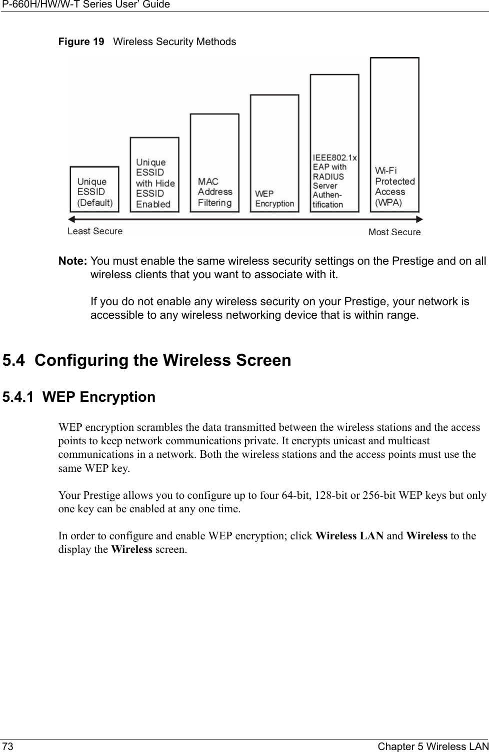 P-660H/HW/W-T Series User’ Guide73 Chapter 5 Wireless LANFigure 19   Wireless Security MethodsNote: You must enable the same wireless security settings on the Prestige and on all wireless clients that you want to associate with it. If you do not enable any wireless security on your Prestige, your network is accessible to any wireless networking device that is within range. 5.4  Configuring the Wireless Screen 5.4.1  WEP EncryptionWEP encryption scrambles the data transmitted between the wireless stations and the access points to keep network communications private. It encrypts unicast and multicast communications in a network. Both the wireless stations and the access points must use the same WEP key. Your Prestige allows you to configure up to four 64-bit, 128-bit or 256-bit WEP keys but only one key can be enabled at any one time. In order to configure and enable WEP encryption; click Wireless LAN and Wireless to the display the Wireless screen.