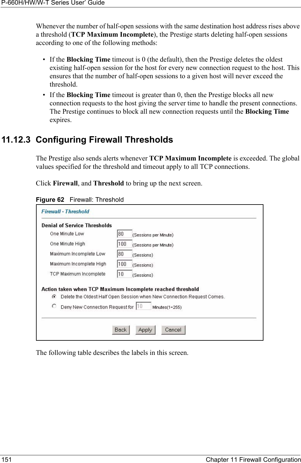 P-660H/HW/W-T Series User’ Guide151 Chapter 11 Firewall ConfigurationWhenever the number of half-open sessions with the same destination host address rises above a threshold (TCP Maximum Incomplete), the Prestige starts deleting half-open sessions according to one of the following methods:• If the Blocking Time timeout is 0 (the default), then the Prestige deletes the oldest existing half-open session for the host for every new connection request to the host. This ensures that the number of half-open sessions to a given host will never exceed the threshold. • If the Blocking Time timeout is greater than 0, then the Prestige blocks all new connection requests to the host giving the server time to handle the present connections. The Prestige continues to block all new connection requests until the Blocking Time expires. 11.12.3  Configuring Firewall Thresholds The Prestige also sends alerts whenever TCP Maximum Incomplete is exceeded. The global values specified for the threshold and timeout apply to all TCP connections. Click Firewall, and Threshold to bring up the next screen.Figure 62   Firewall: ThresholdThe following table describes the labels in this screen.